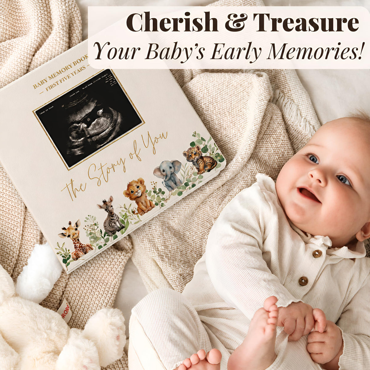 Libro de Recuerdos para Bebé Safari First 5 Year Faux Leather Neutral para Niño o Niña