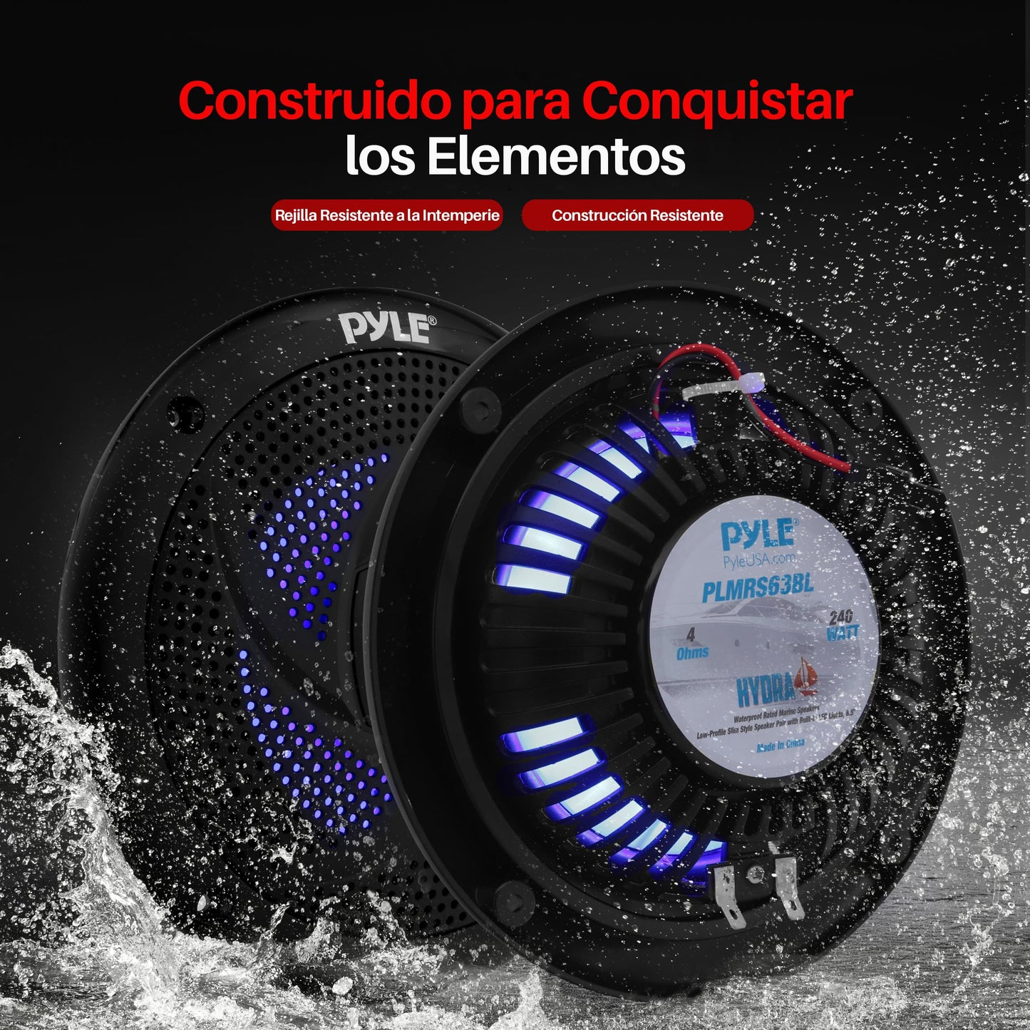 Pyle Bocinas Marinas Dobles de 6.5 Pulgadas. Sistema de Sonido Estéreo para Exteriores Resistente al Agua. Luz LED. Potencia 240 Watts. 1 Par. Negro