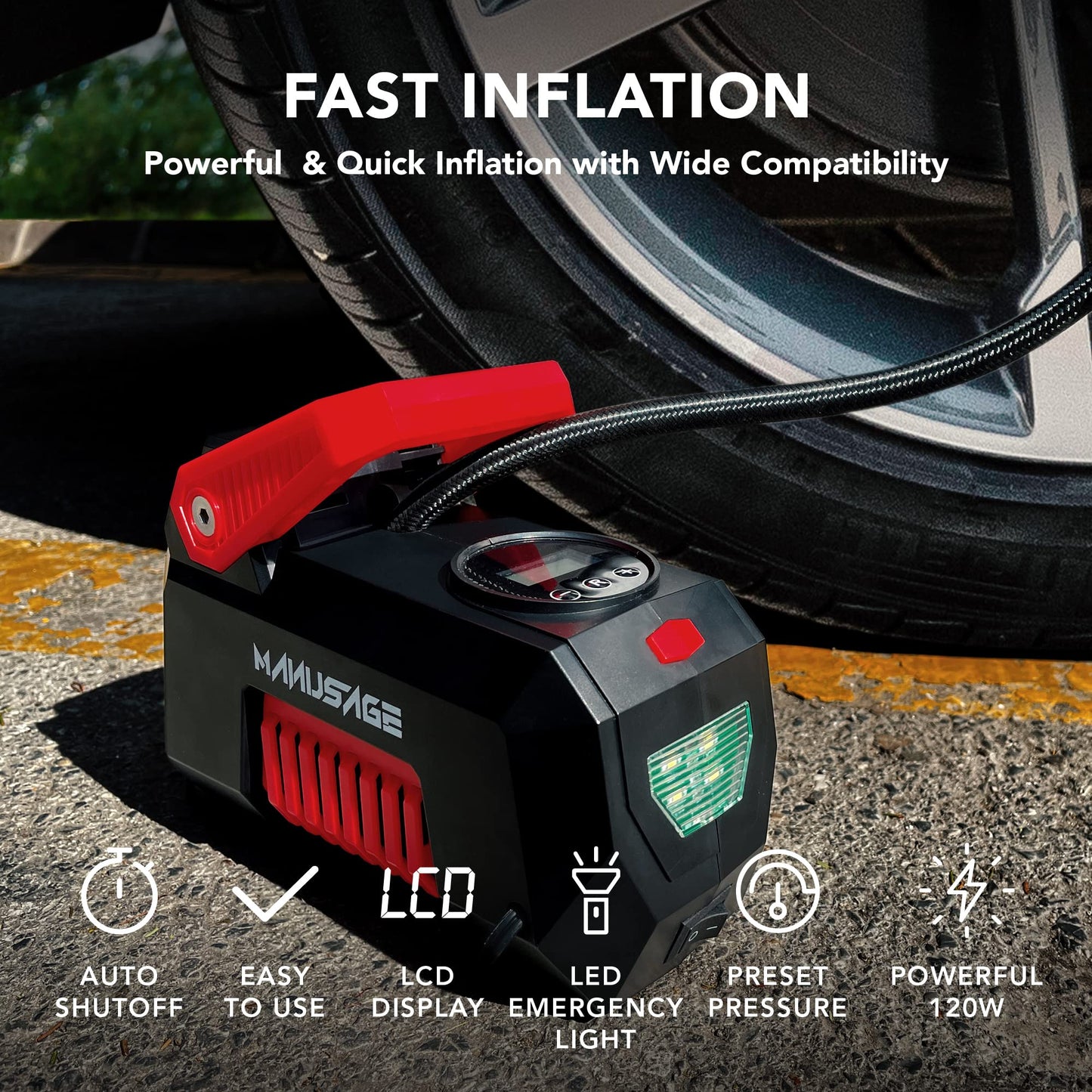 Manusage Compresor de Aire inflador de neumáticos portátil para neumáticos de Coche, compresor de Aire Digital de 150 PSI con luz LED de 12 V CC para vehículos, Motocicletas, Bicicletas, inflar Bolas