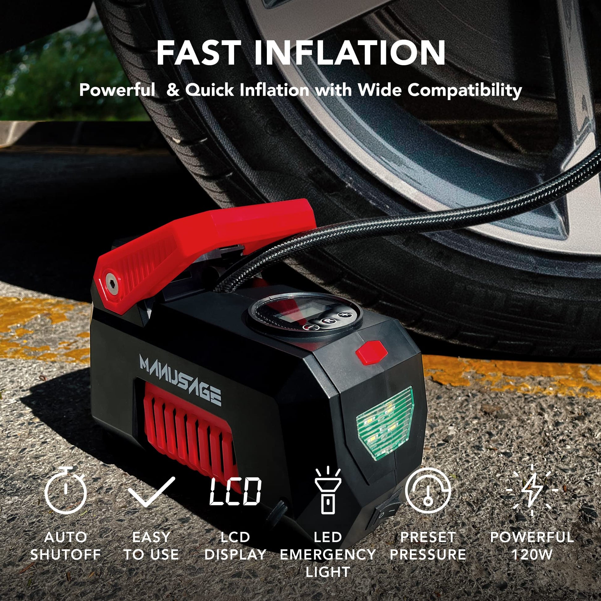 Manusage Compresor de Aire inflador de neumáticos portátil para neumáticos de Coche, compresor de Aire Digital de 150 PSI con luz LED de 12 V CC para vehículos, Motocicletas, Bicicletas, inflar Bolas