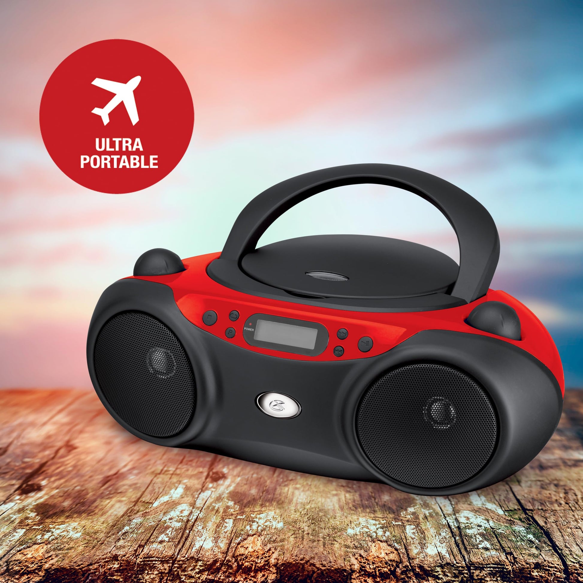 GPX, Inc. Portacasetera para CD de carga superior con radio AM/FM y entrada de línea de 3.5 mm para dispositivo MP3, rojo/negro