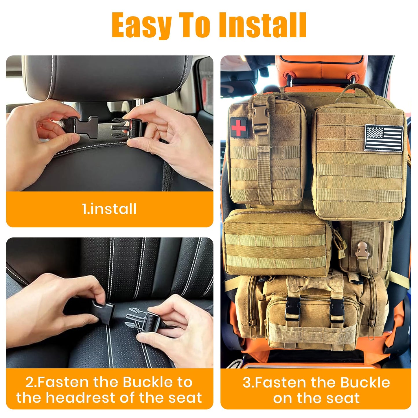 Paquete de 6 Organizadores Tácticos MOLLE para Respaldo de Asiento de Auto - Bolsa de Almacenamiento Universal para Vehículo con 5 Bolsillos MOLLE Desmontables, Parche de Bandera de EE.UU., Compatible