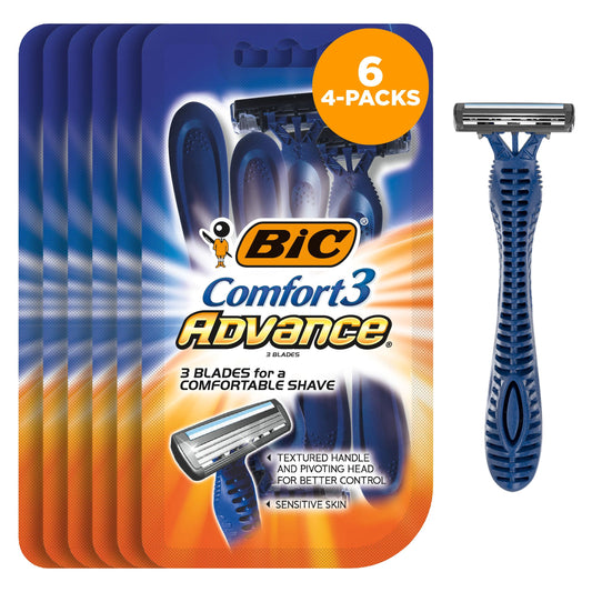 BIC Comfort 3 Advance Maquinilla de afeitar desechable de 3 hojas, 4 unidades, paquete de 6 (24 cuchillas)