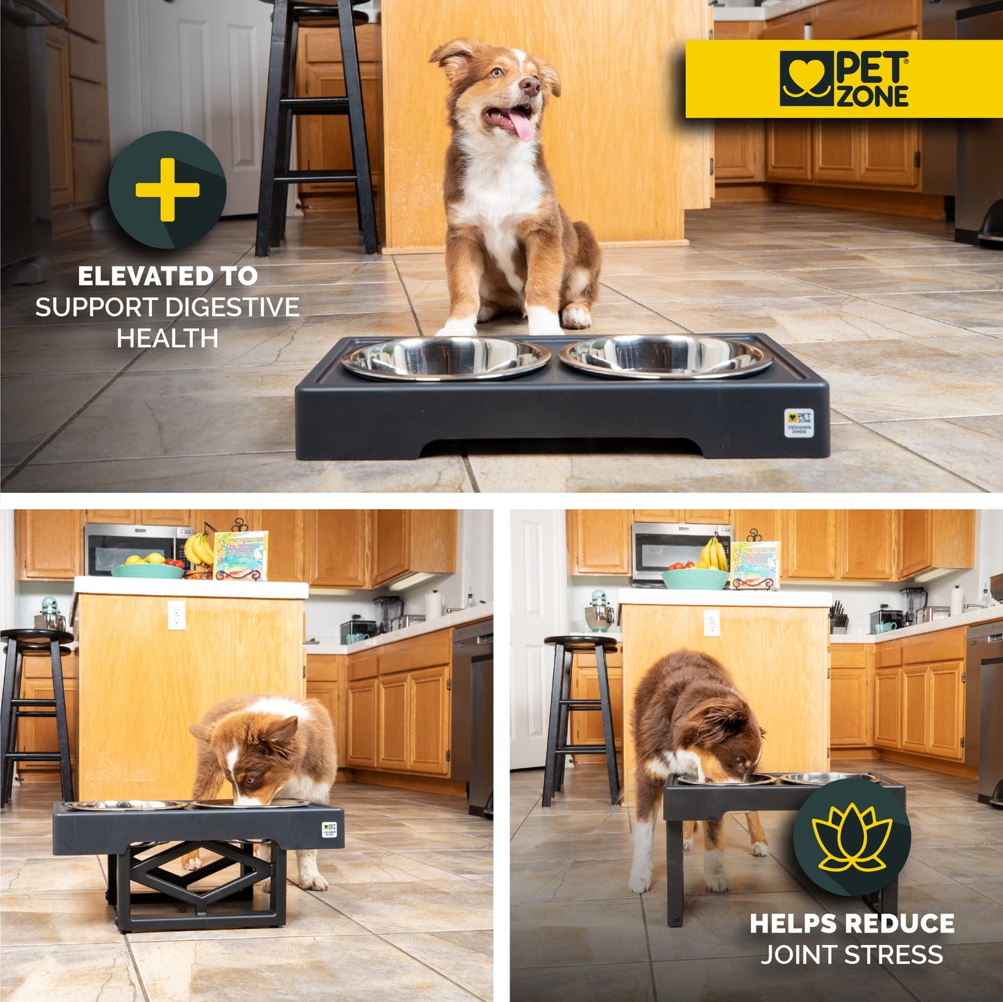 Cuencos Elevados Ajustables Pet Zone Negro con Doble Cuenco de Acero Inoxidable para Perros