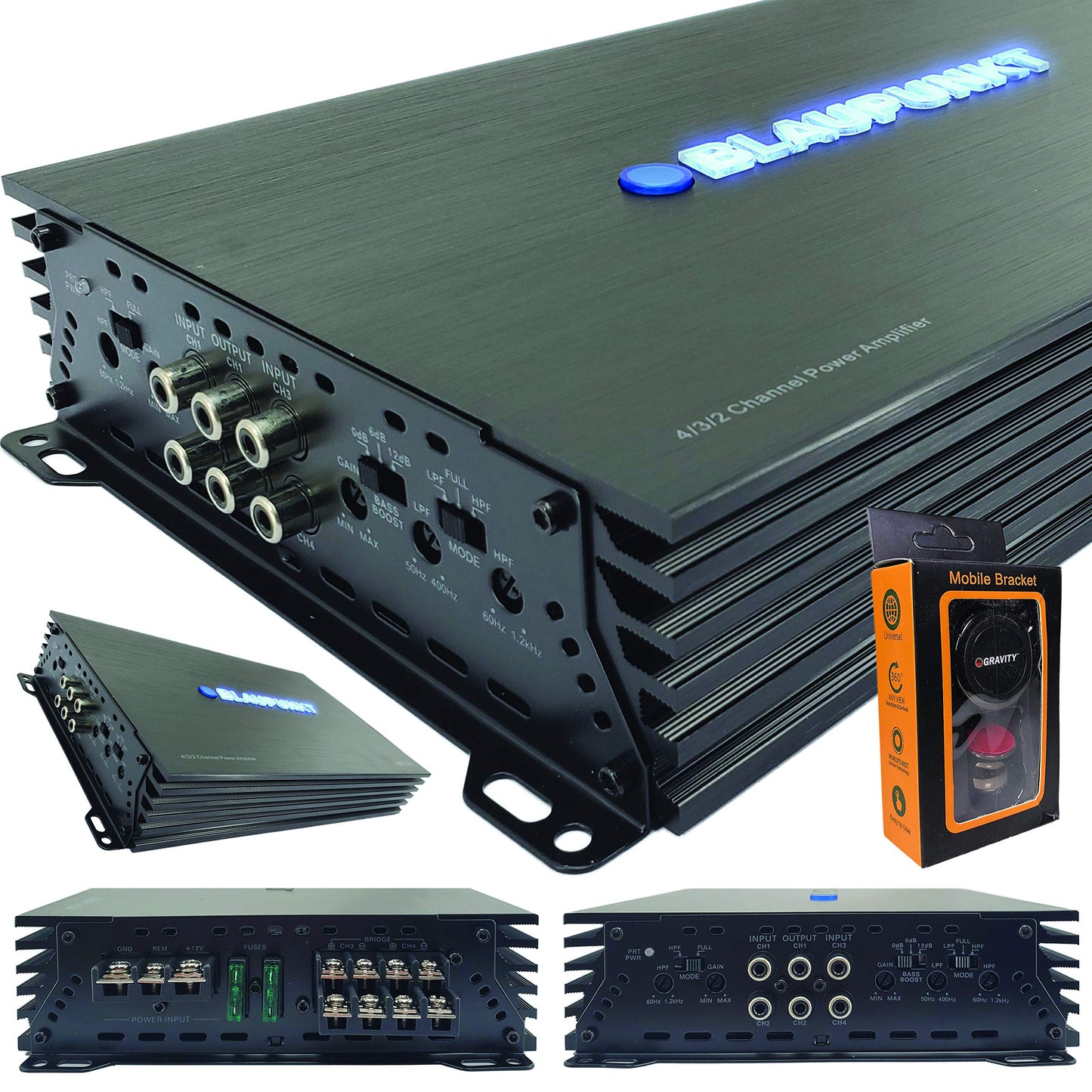 Blaupunkt AMP1404 - Amplificador de audio para coche, 4 canales, potencia máxima de 1500 W, con imán de gravedad, paquete de soporte para teléfono