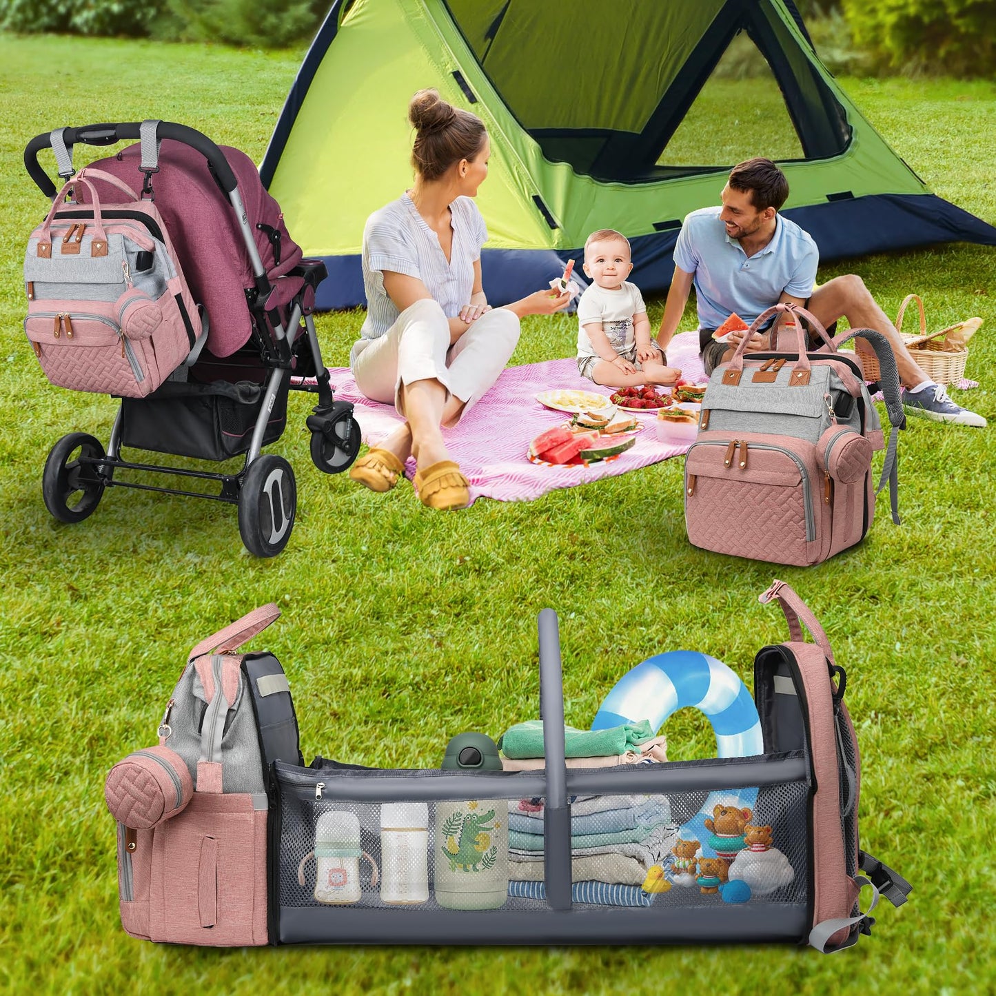 AHNTTGS - Bolsa para pañales con cambiador, Rosa-gris, Grande