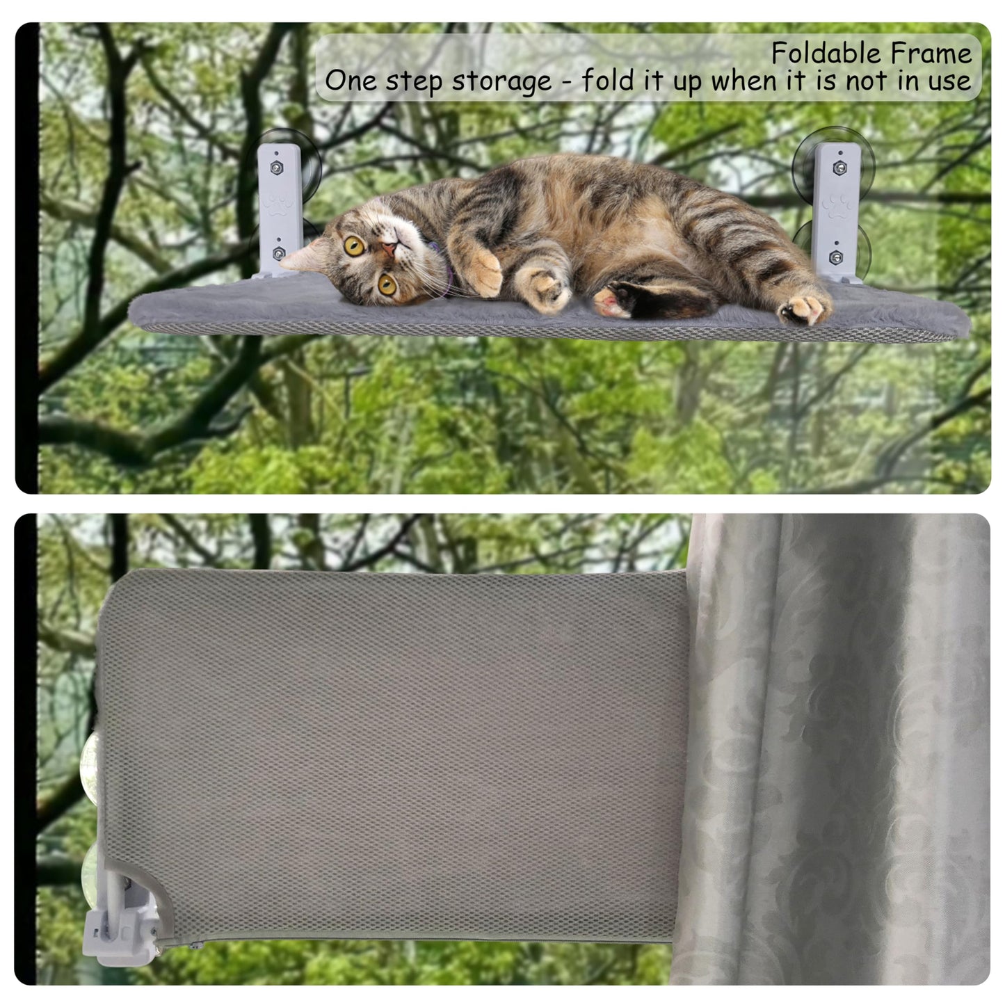 ASBAYSON - Hamaca sin cuerda para ventana para gato, se monta sin herramientas en 2 minutos, con 4 ventosas y marco resistente de setal, camas plegables para gatos de interior (gris)