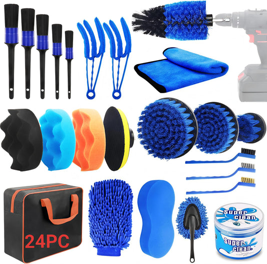 Juego de 24 cepillos para detalles de coche,Kit de Lavado de Coche,cepillos detallado automotriz,Suministros para Detalles de Coche,kit limpieza auto, Kit de Lavado para Interior, Exterior y Ruedas