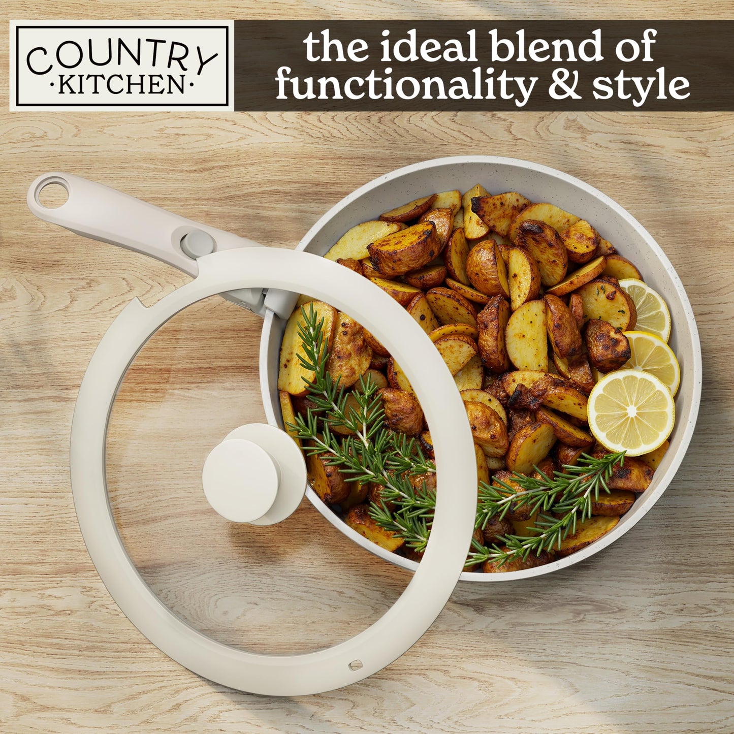 Country Kitchen Juego de ollas y sartenes de 13 piezas juego de utensilios de cocina antiadherentes mango desmontable juego de utensilios de cocina RV apto para lavaplatos/horno (crema), YFAC13RH CRM