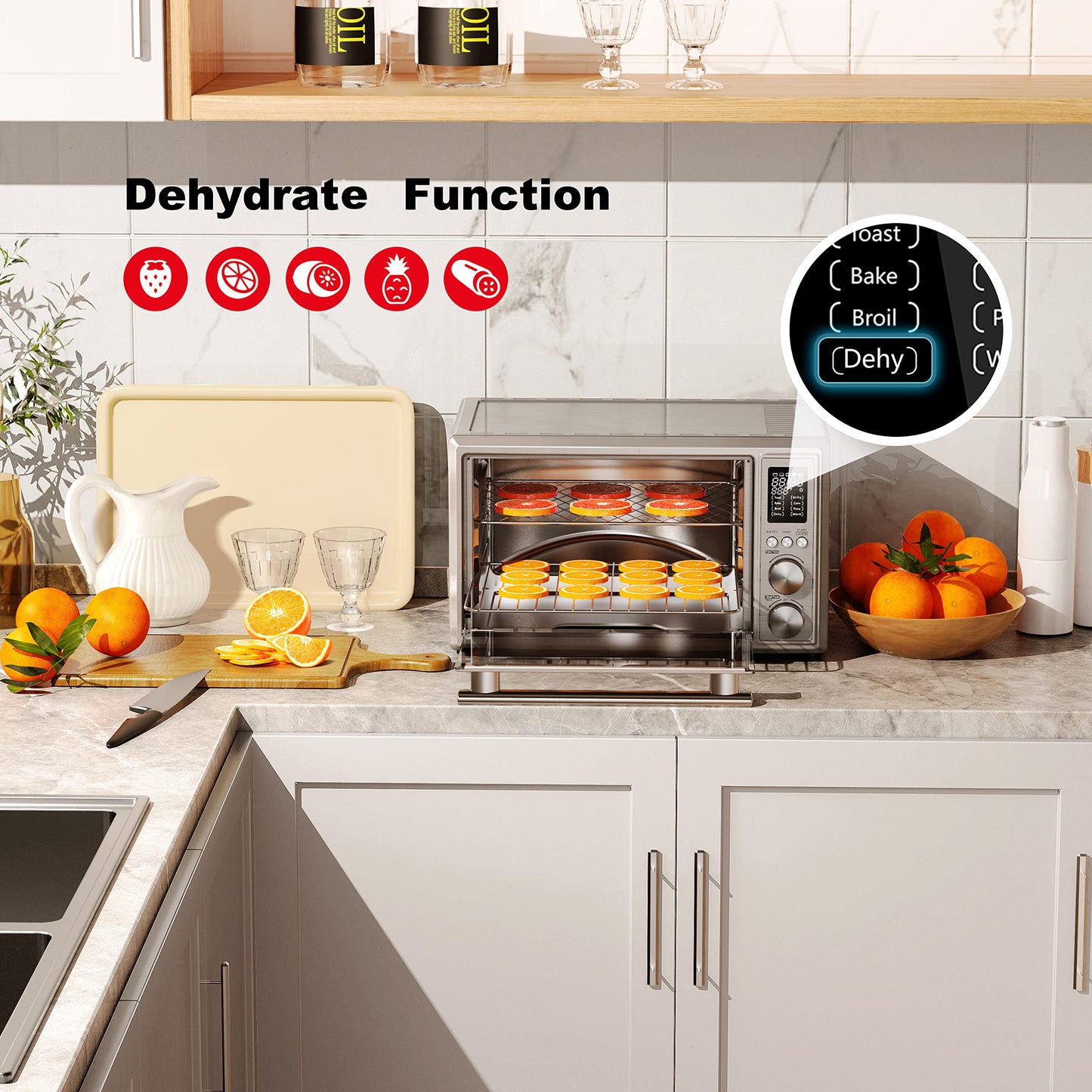 Galanz GT12SSDAN18 - tostador digital para freír y asar 8 en 1, horno de convección con pizza y deshidratado, 4 accesorios incluidos, 1800W, 26 cuartos de galón grande, acero inoxidable, 30L, 2