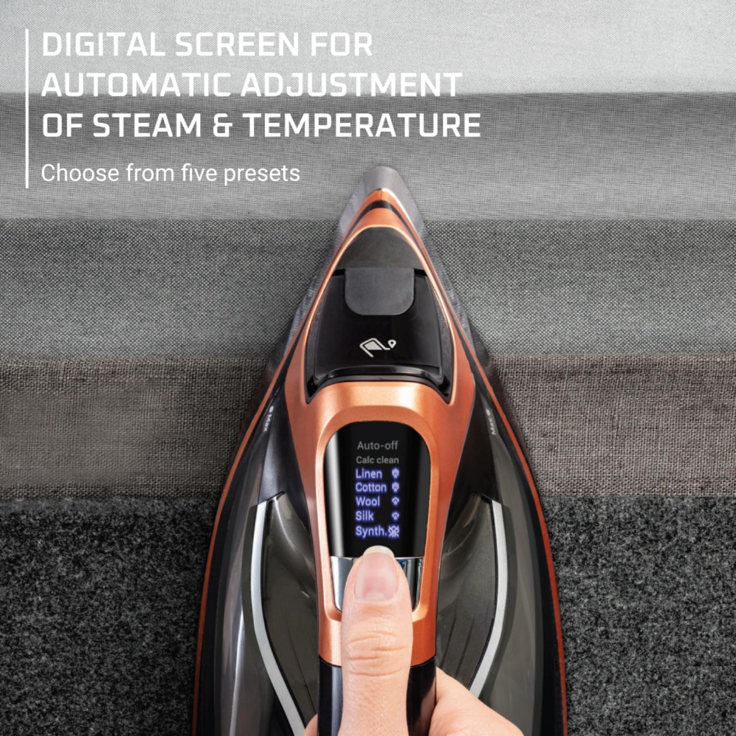 Rowenta Iron - Plancha de vapor Steam Force Pro para ropa, 1850 vatios, 5 presintonías de visualización inteligente, suela de acero inoxidable, planchado de mano de alta eficiencia, cobre negro,