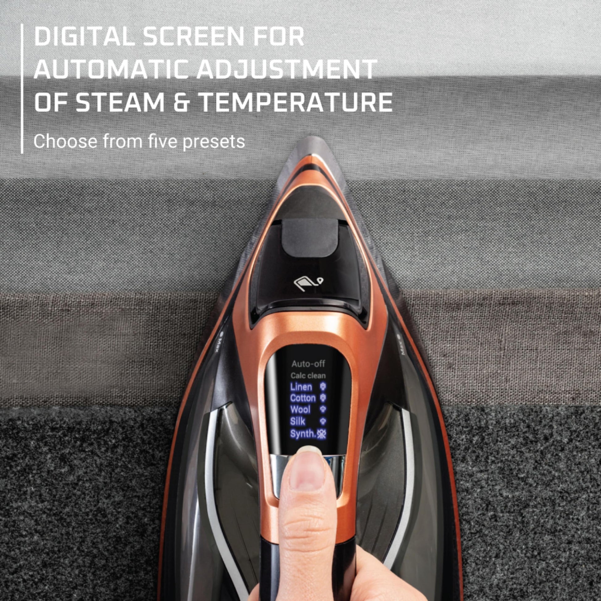 Rowenta Iron - Plancha de vapor Steam Force Pro para ropa, 1850 vatios, 5 presintonías de visualización inteligente, suela de acero inoxidable, planchado de mano de alta eficiencia, cobre negro,