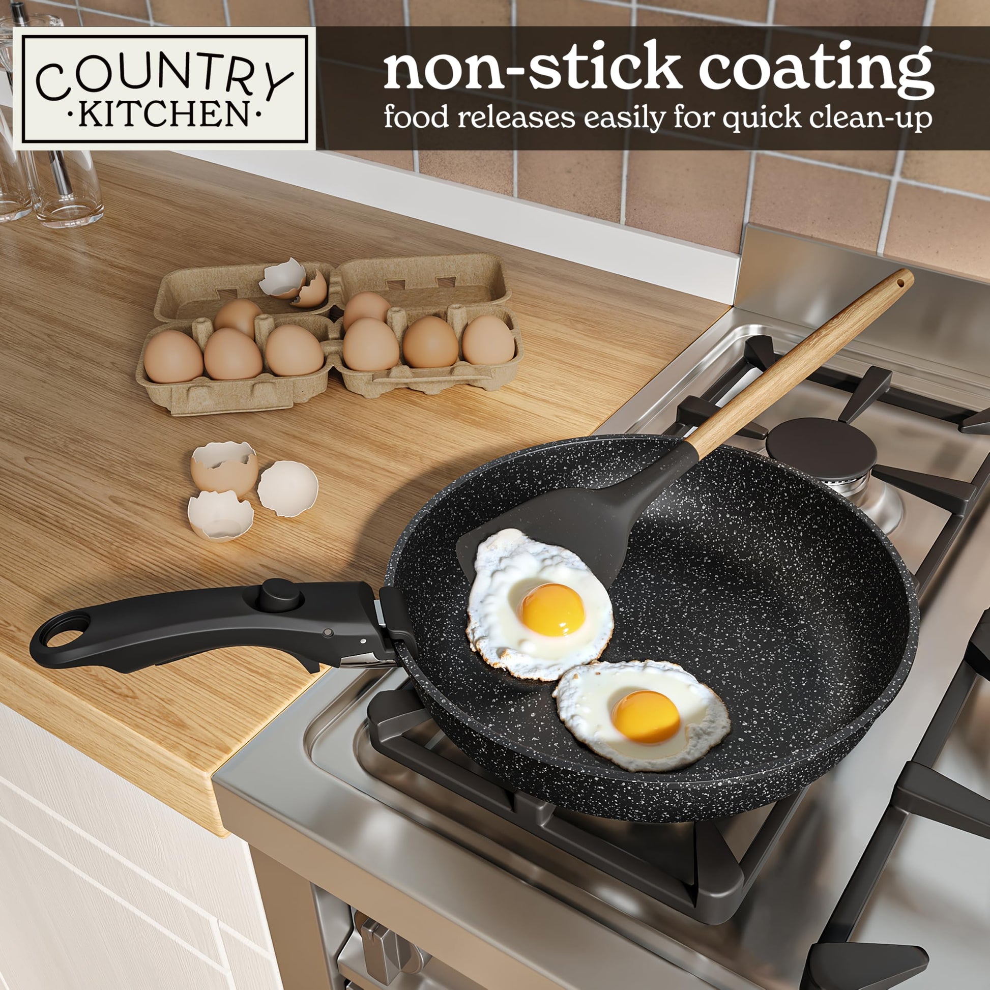 Country Kitchen - Juego de ollas y sartenes de 13 piezas, utensilios de cocina antiadherentes seguros con mango extraíble, juego de utensilios de cocina para RV, apto para horno (negro)