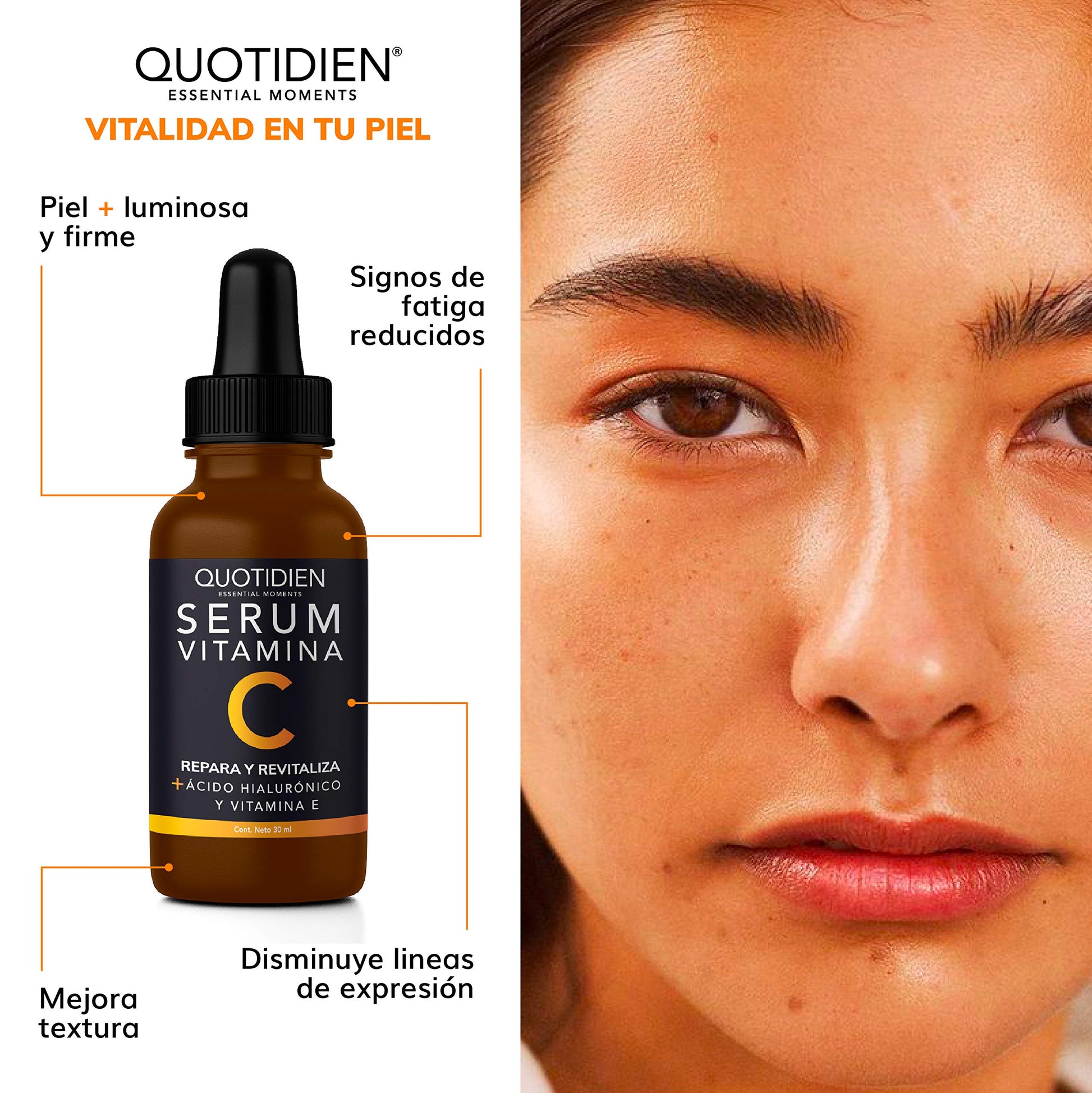 Kit 4 Pasos Quotidien: 1 Limpiador Facial 235 ml + 1 Tónico Facial 350 ml + 1 Serum Vitamina C 30ml + 1 Serum Ácido Hialurónico 30ml | Skincare Kit con Ingredientes Naturales - Limpia Profundamente, Equilibra el Ph, Cierra Poros, Aclara, Mejora la Textura
