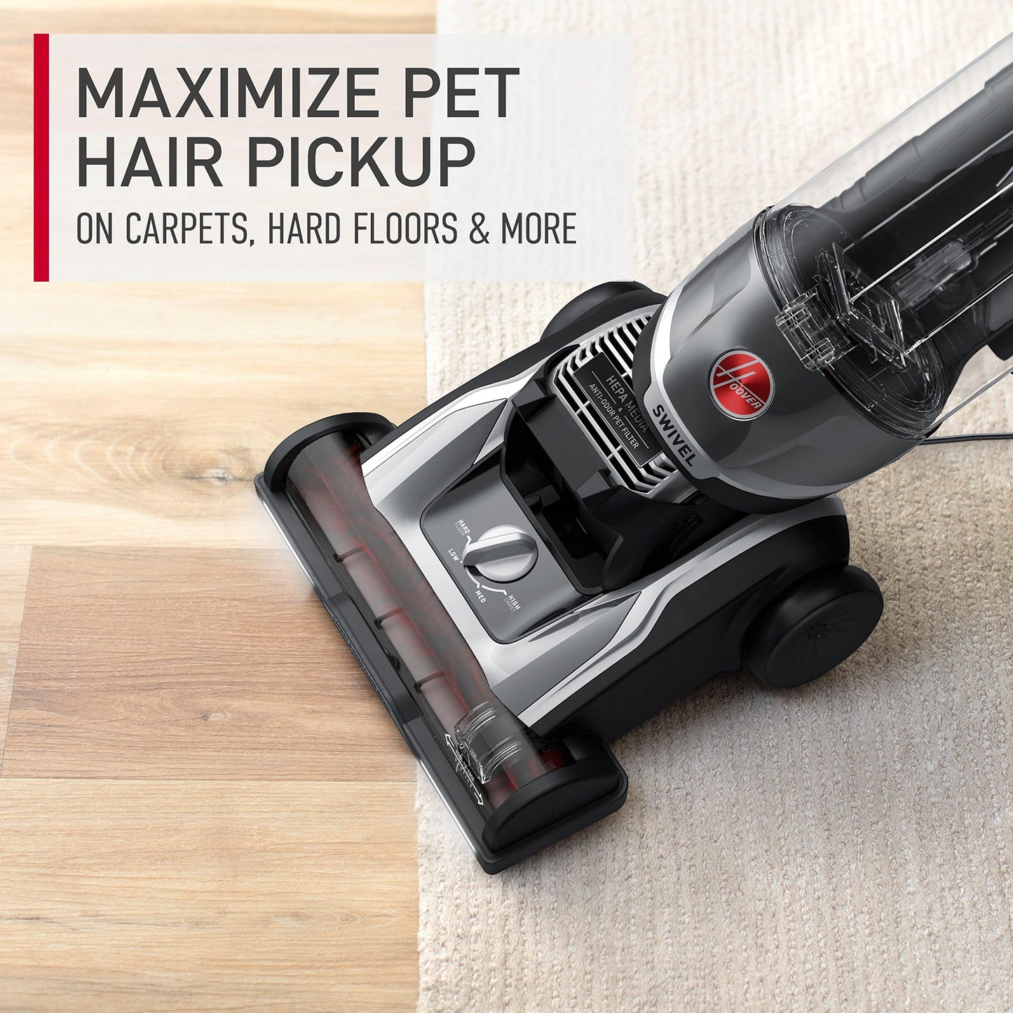 Hoover - Aspiradora Para Mascotas Maxlife Elite Swivel Xl Con Filtración De Medios Hepa, Alfombras Y Pisos Duros, Gris, Vertical Uh75250 Sin Bolsa, 16 Libras