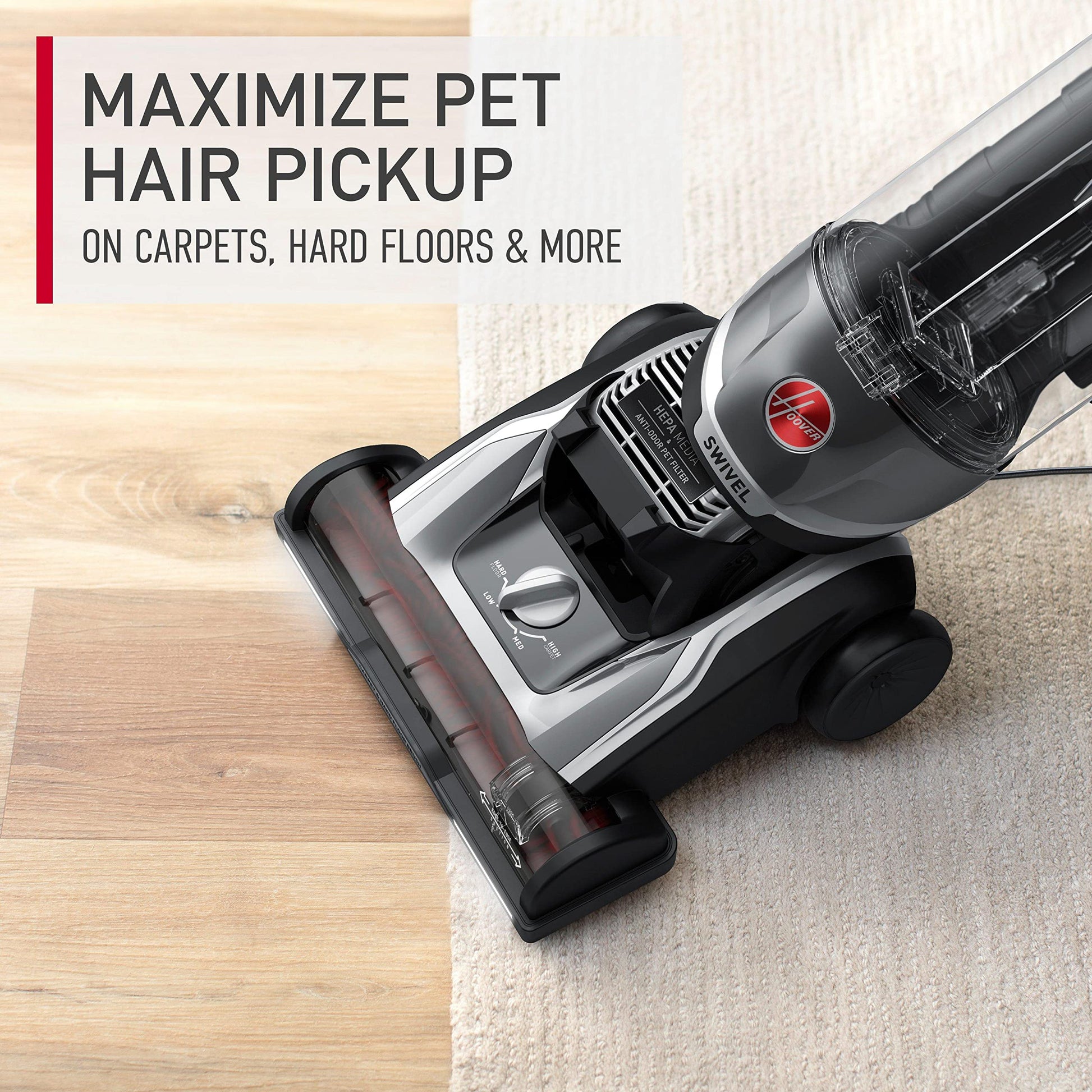 Hoover - Aspiradora Para Mascotas Maxlife Elite Swivel Xl Con Filtración De Medios Hepa, Alfombras Y Pisos Duros, Gris, Vertical Uh75250 Sin Bolsa, 16 Libras