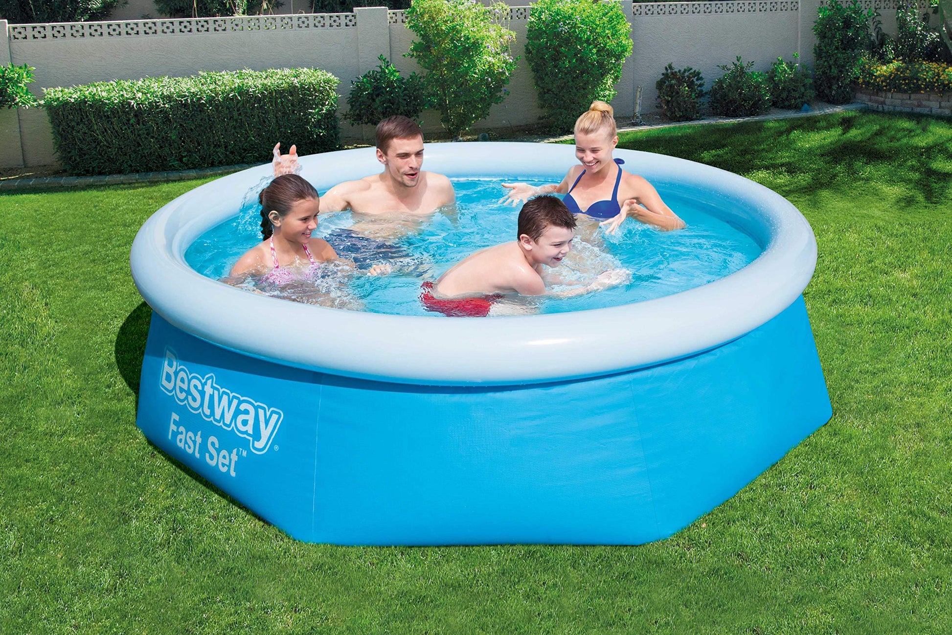 Alberca inflable red azul Fast Set con bomba y filtro, medidas 8´X 26" / 2.44mX66cm, capacidad 2,100 lts
