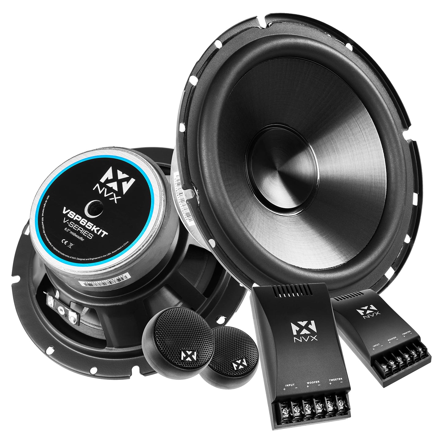 NVX® VSP65KIT Altavoces de Coche Premium de 6.5 Pulgadas, 750 W máximo, 250 W RMS, Sistema de componentes de 2 vías de 6-1/2 Pulgadas con tweeters de cúpula de Seda de 1 Pulgada y X-Overs pasivos,