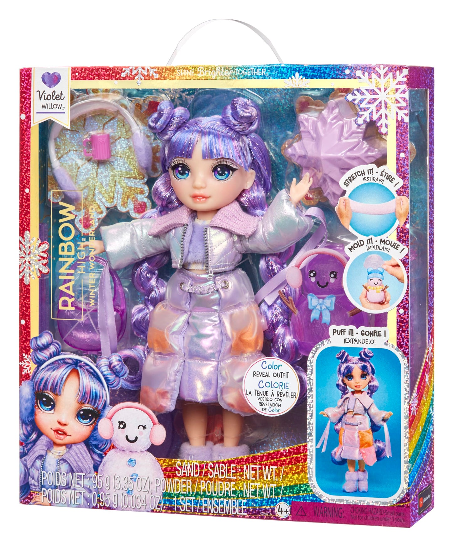 Muñeca Rainbow High Violet Willow morado Atuendos de Nieve Mágicos con Kit para Muñecos de Nieve de Arena Kinética