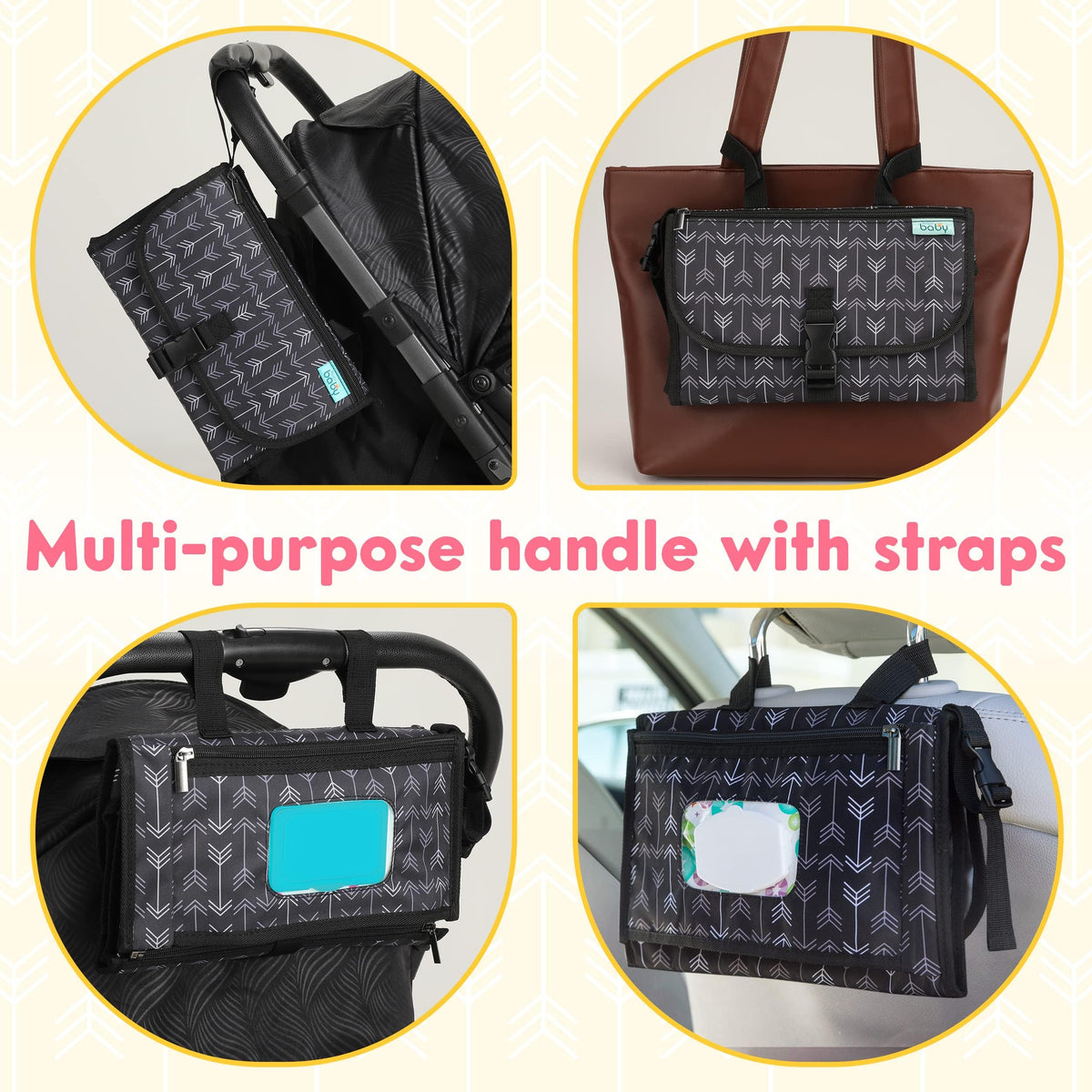 Kopi Baby - Cojín de cambio portátil, para recién nacidos, niña y niño, con bolsillo para toallitas inteligentes, kit de cambio de viaje impermeable, regalo para bebé, color negro