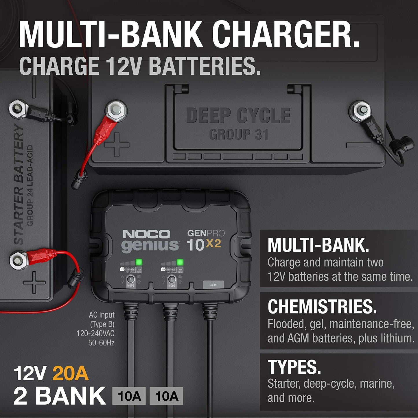 NOCO Genius GENPRO10X2, 2-Bank, 20-Amp (10-Amp per Bank) Fully-Automatic Smart Marine Charger, 12V Onboard Battery Charger, Battery Maintainer and Battery Desulfator with Temperature Compensation