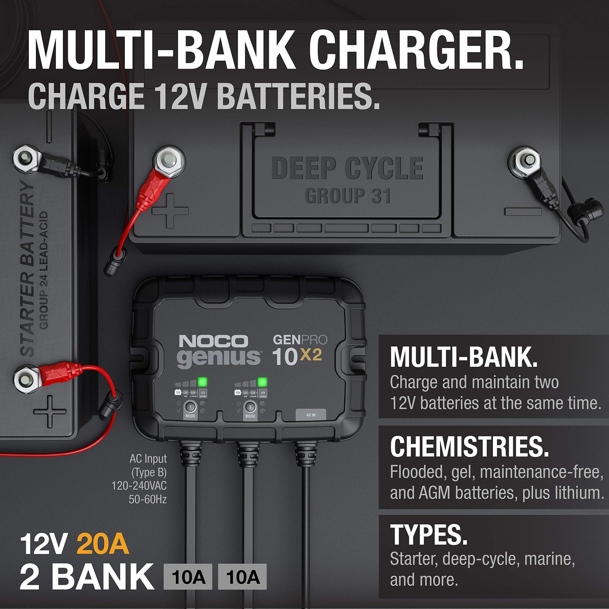 NOCO Genius GENPRO10X2, 2-Bank, 20-Amp (10-Amp per Bank) Fully-Automatic Smart Marine Charger, 12V Onboard Battery Charger, Battery Maintainer and Battery Desulfator with Temperature Compensation