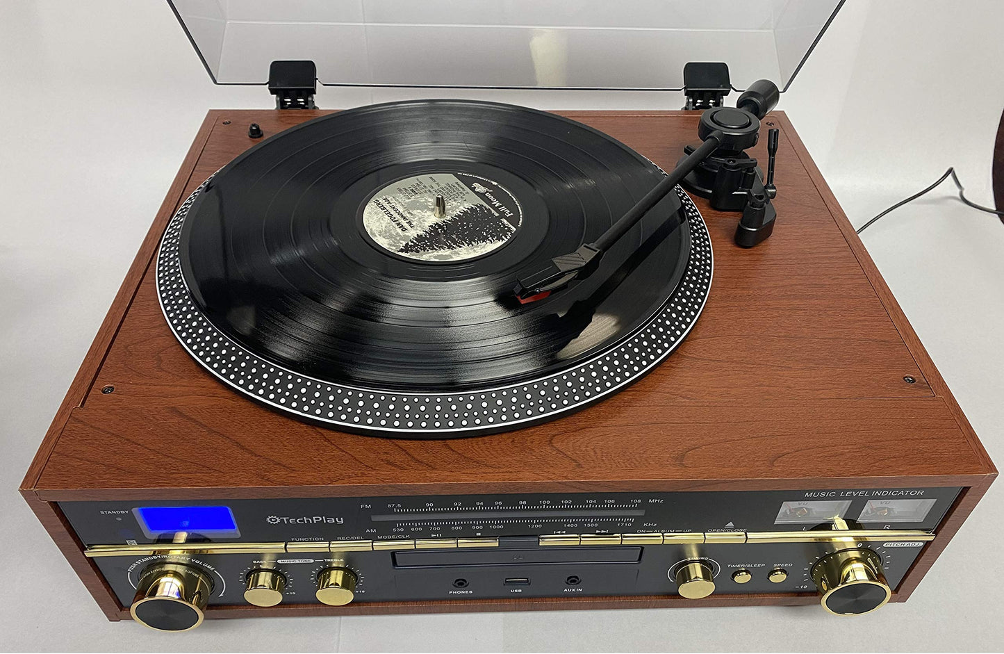 TechPlay Commander, tocadiscos de 3 velocidades con control de tono, reproductor de CD, amplificador con medidor VU, Bluetooth y grabación USB... (madera)