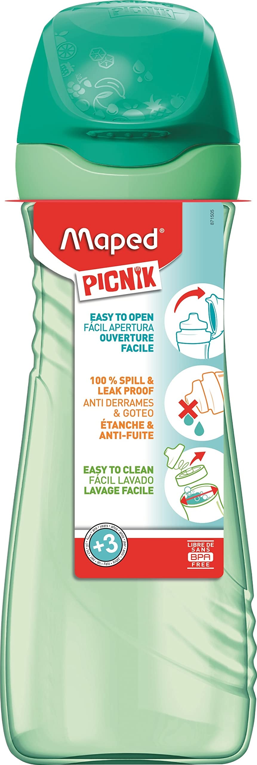 Maped Picnik Origins - Botella de agua infantil con tapa protectora - Sistema antiderrame y a prueba de fugas - Plástico sin BPA - Verde - 580ml
