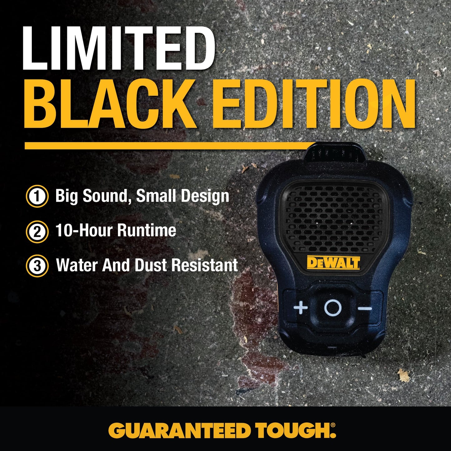 DEWALT - Altavoz Bluetooth portátil [Onyx Edition - Negro] con Clip inalámbrico Jobsite Pro Resistente al Agua (no magnético), micrófono para música y Llamadas Manos Libres, Mini Altavoces Bluetooth