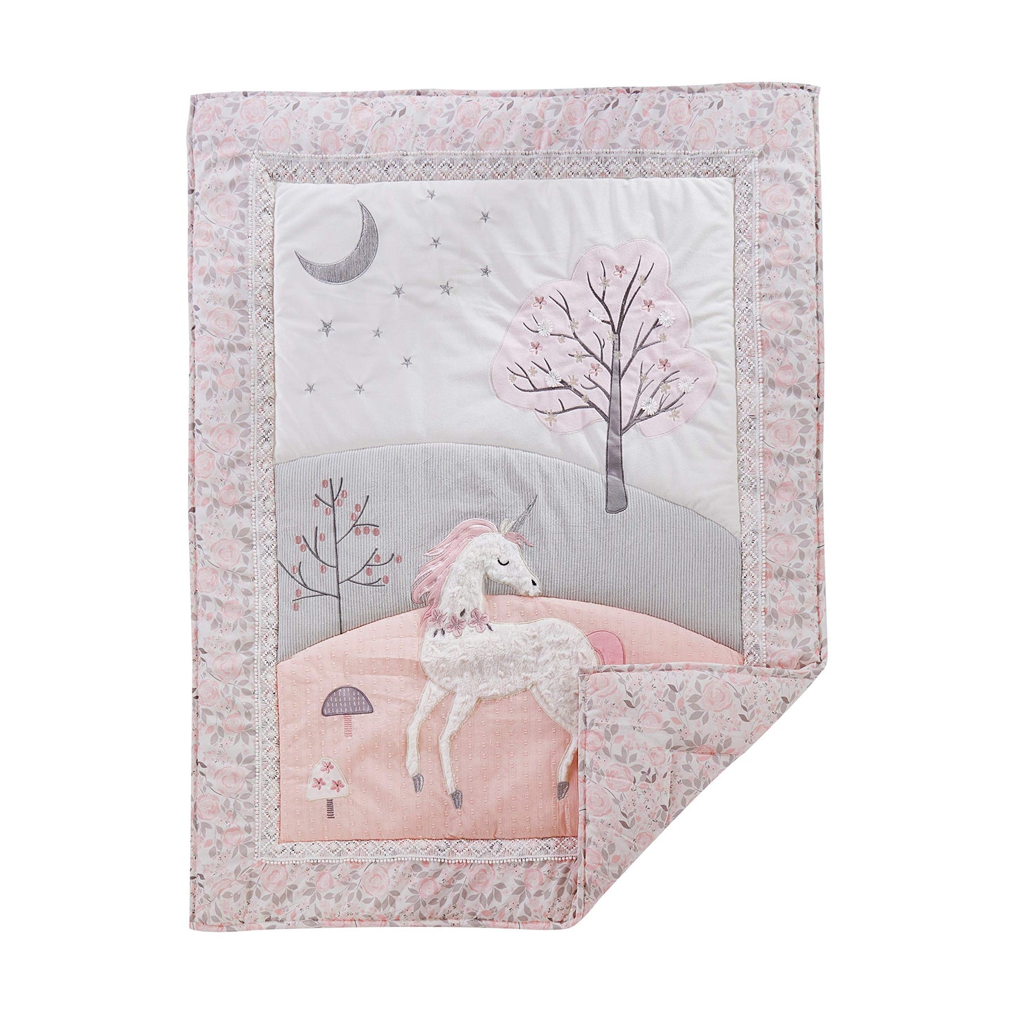Levtex Baby - Colette Crib Bed Set - Baby Nursery Set - Grey Pink White - Unicorn - 5 Piece Set Includes Quilt, Two Fitted Sheets, Wall Decal & Skirt/Dust Ruffle