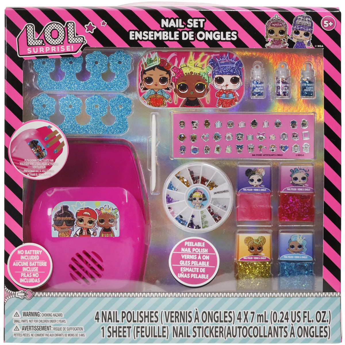 L.O.L. Surprise! Townley Girl, Non-Toxic Peel-Off Water-Based Safe Quick Dry Nail Polish Gift Kit Set for Kids Set With Nail Gem Wheel, Nail Stickers, Toe Spacers, Nail File, Glitter Vials, and Nail Dryer, Batteries Not Included, Ages 5+