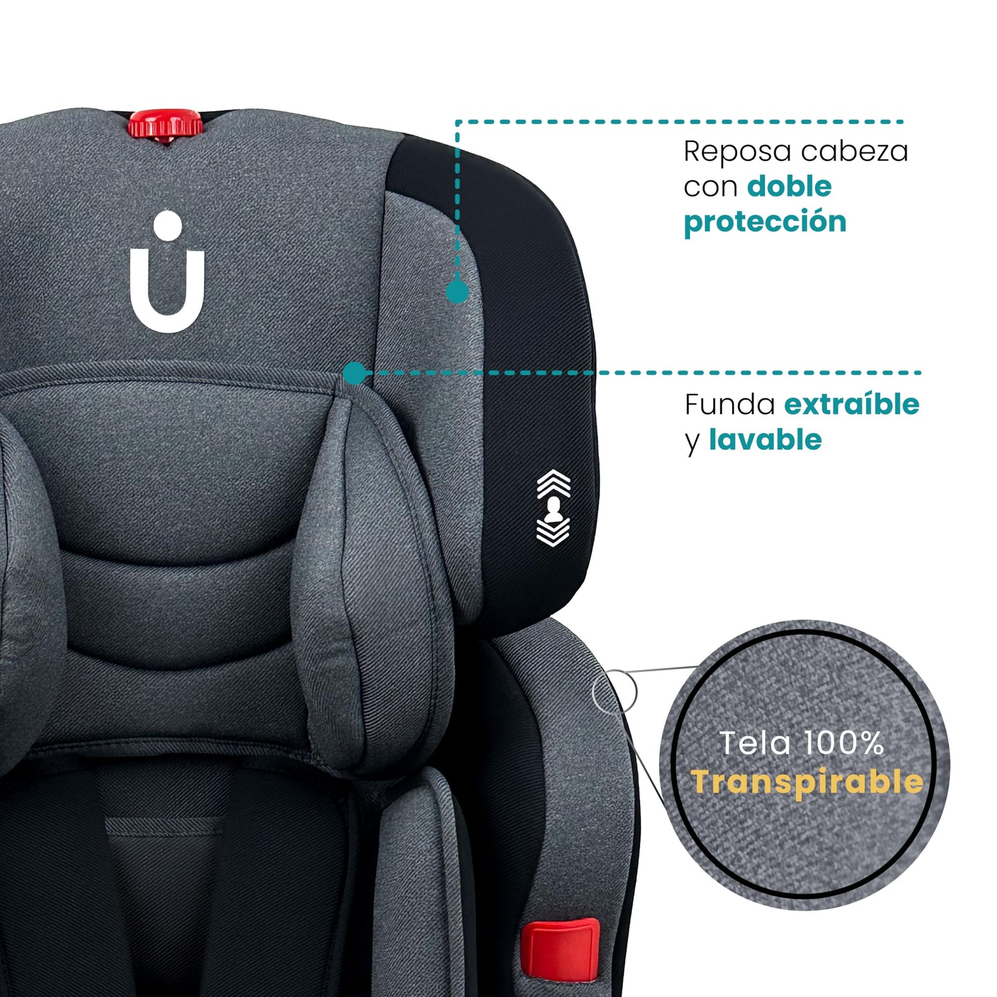 Amulay | Autoasiento para Bebe de 9 a 36 kg | Booster Car Seat con Arnés de 5 puntos, Respaldo Reclinable, Cojín elevador y Reposa cabezas ajustable | Color Gris y Negro