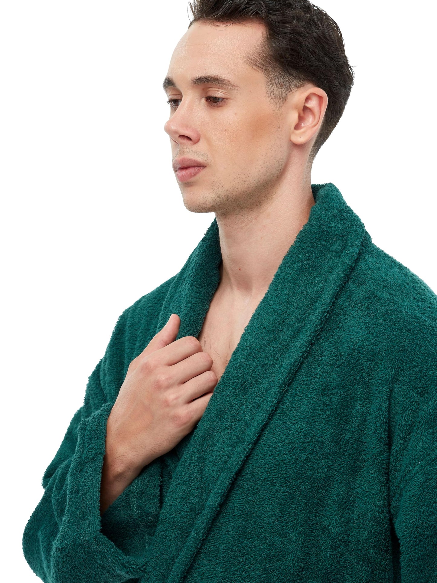 Arus Bata de hombre con cuello chal, bata de baño de algodón turco de felpa, largo completo, verde oscuro, talla LXL