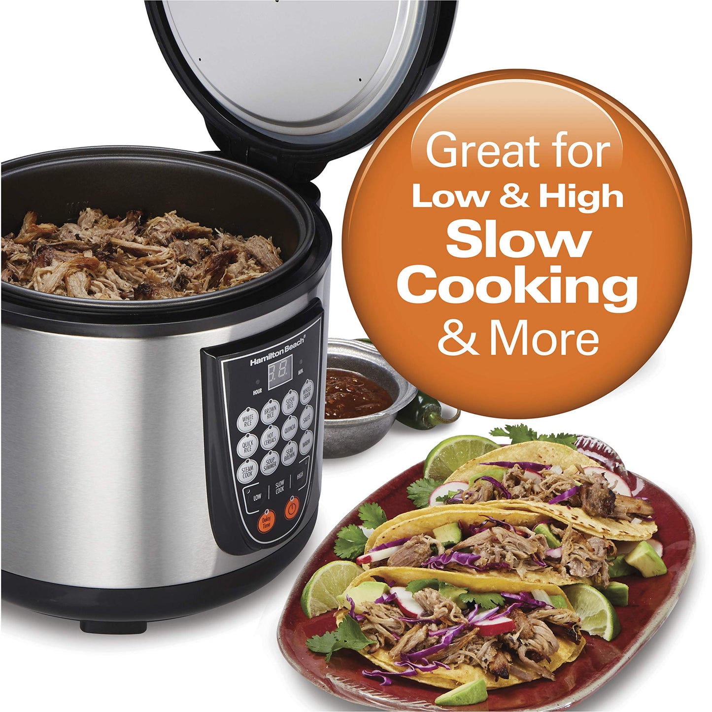 Hamilton Beach - Arroz digital programable y vaporizador de alimentos, 20 tazas cocidas (10 tazas sin cocinar), 14 ajustes preprogramados para saltear cereal caliente, sopa, olla antiadherente, acero