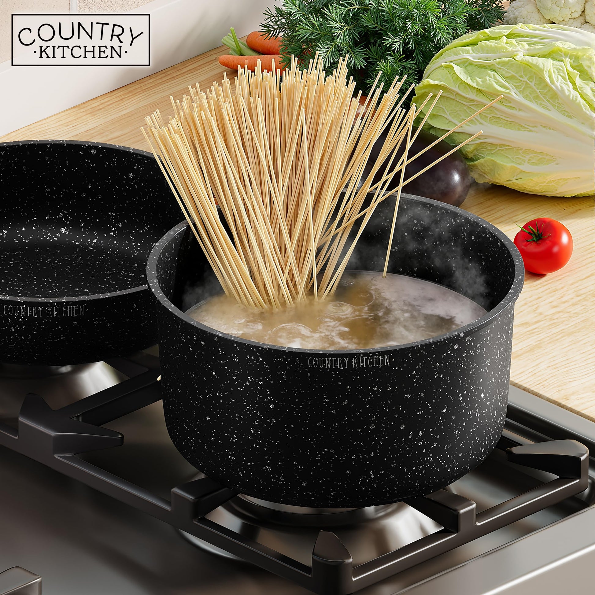 Country Kitchen - Juego de ollas y sartenes de 13 piezas, utensilios de cocina antiadherentes seguros con mango extraíble, juego de utensilios de cocina para RV, apto para horno (negro)