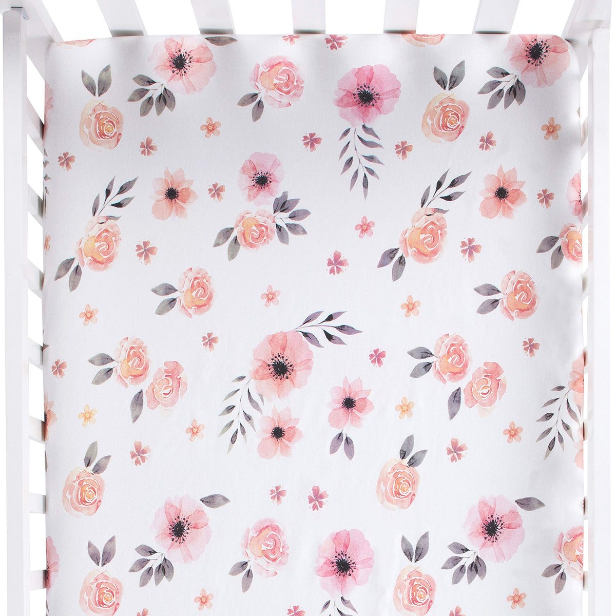 Minika Sábana para cuna de niña con diseño floral, 100% algodón finamente peinado, transpirable, súper suave, acuarela, rosa, para bebé, 52 x 28 x 9 pies, se adapta a colchones estándar