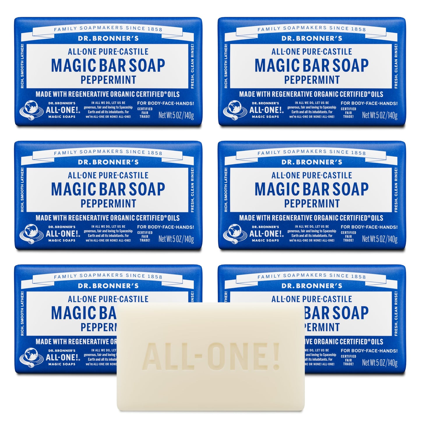 Dr. Bronner's | Jabón de castilla orgánico en barra, fórmula concentrada, frescor intenso y piel revitalizada, con aceite esencial de Menta, aroma Menta (6 pack)