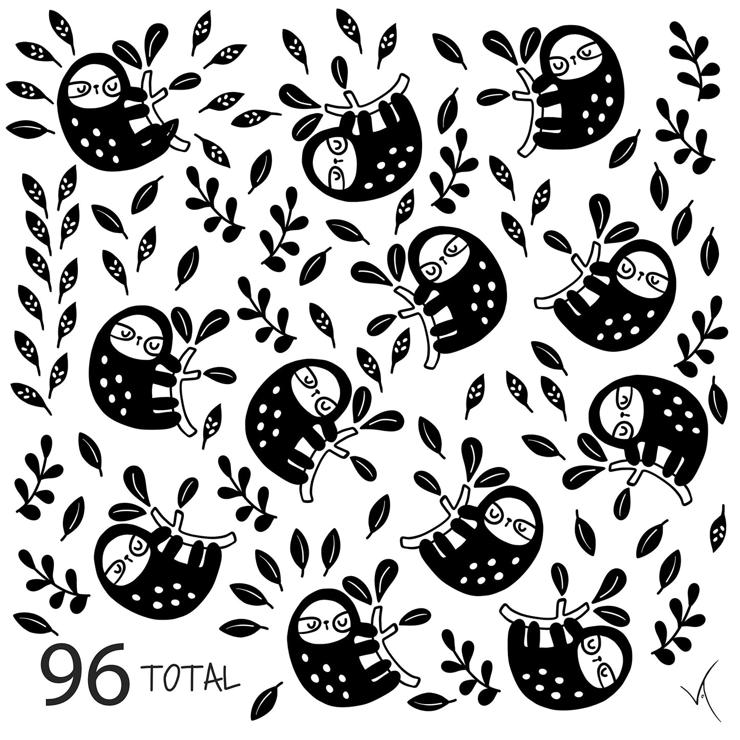 Calcomanías de pared de vinilo con diseño de perezoso y hojas, 96 unidades Decoración de guardería, diseño original de artista. Adhesivo de Animal Print para niños. Oso de la selva, hojas de decoración de dormitorio. (Negro)