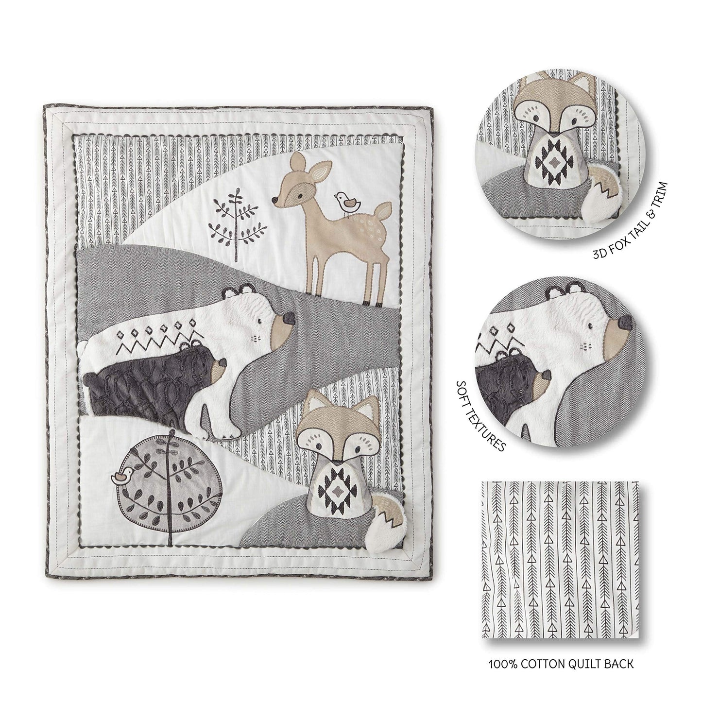 Levtex Baby - Juego de cama de cuna Bailey - Carbón, gris pardo, blanco - Tema de bosque neutro - Juego de 5 piezas incluye colcha, sábana bajera, apilador de pañales, calcomanía de pared y