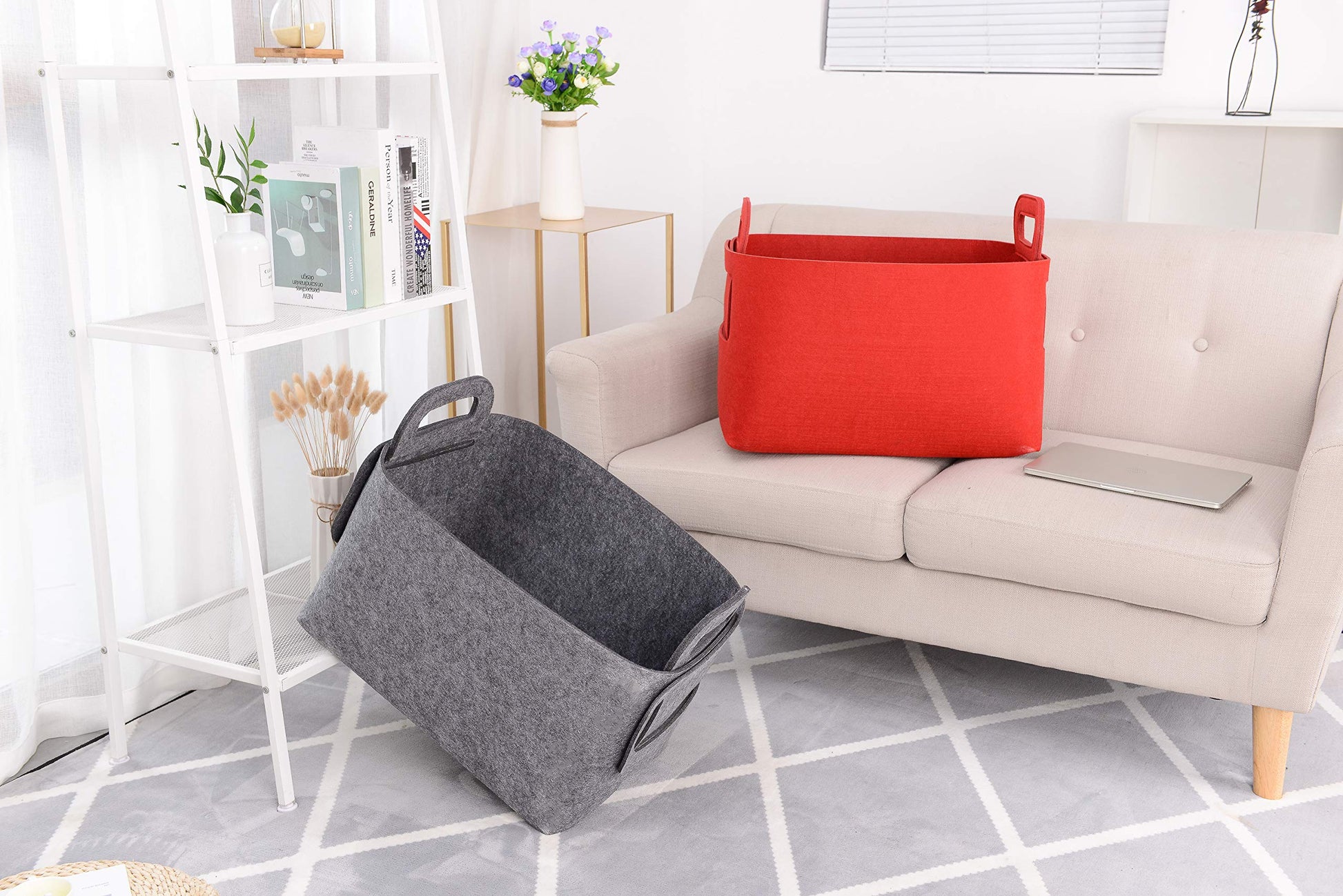 Minoisome - Cesta de almacenamiento de fieltro plegable y conveniente organizador de caja con asas de transporte para oficina, recámara, clóset, bebés, guardería, juguetes de lavandería (gris, 18