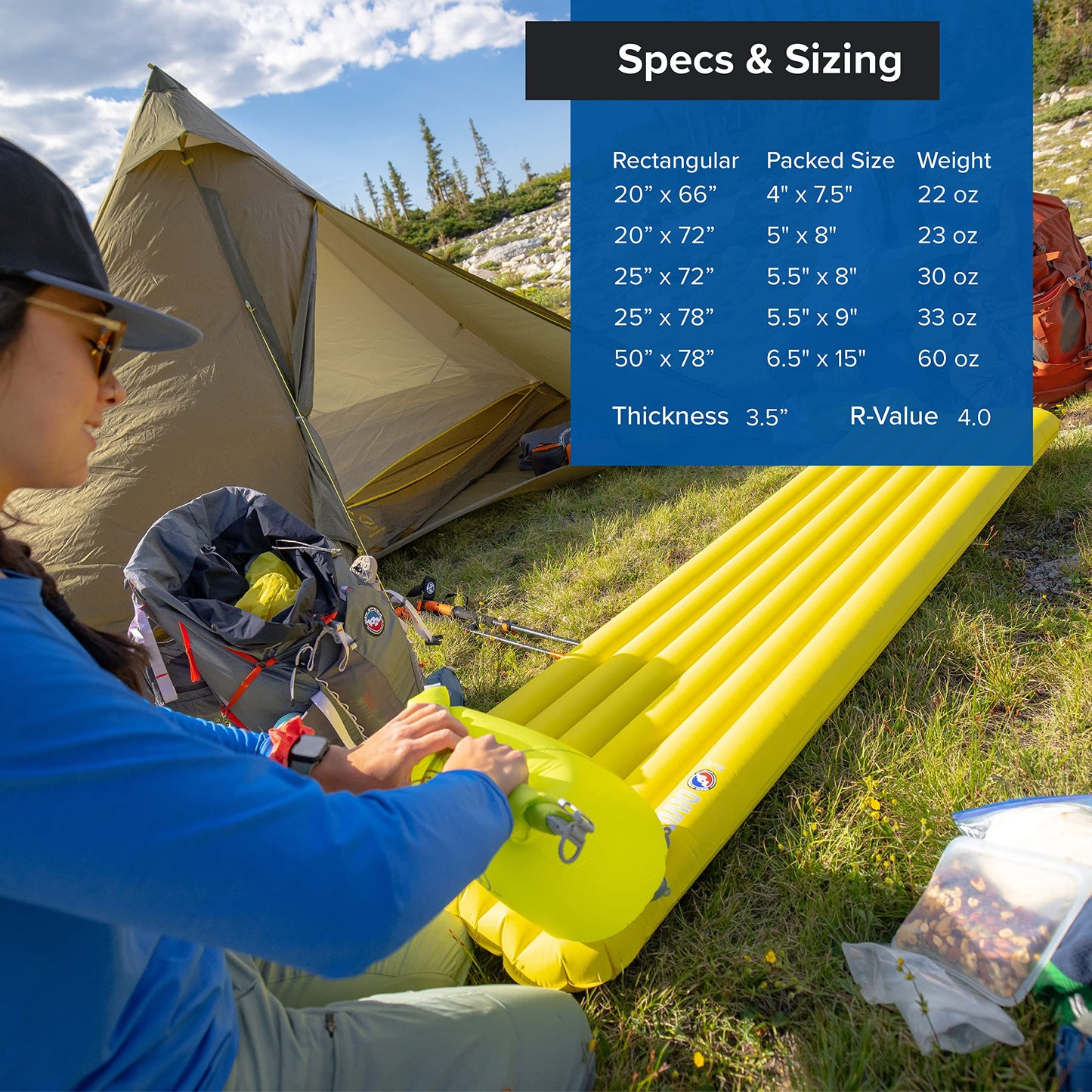 Big Agnes Divide - Almohadilla de dormir ligera y compacta para cámara de aire de 3 estaciones, doble ancho, color oliva cálido