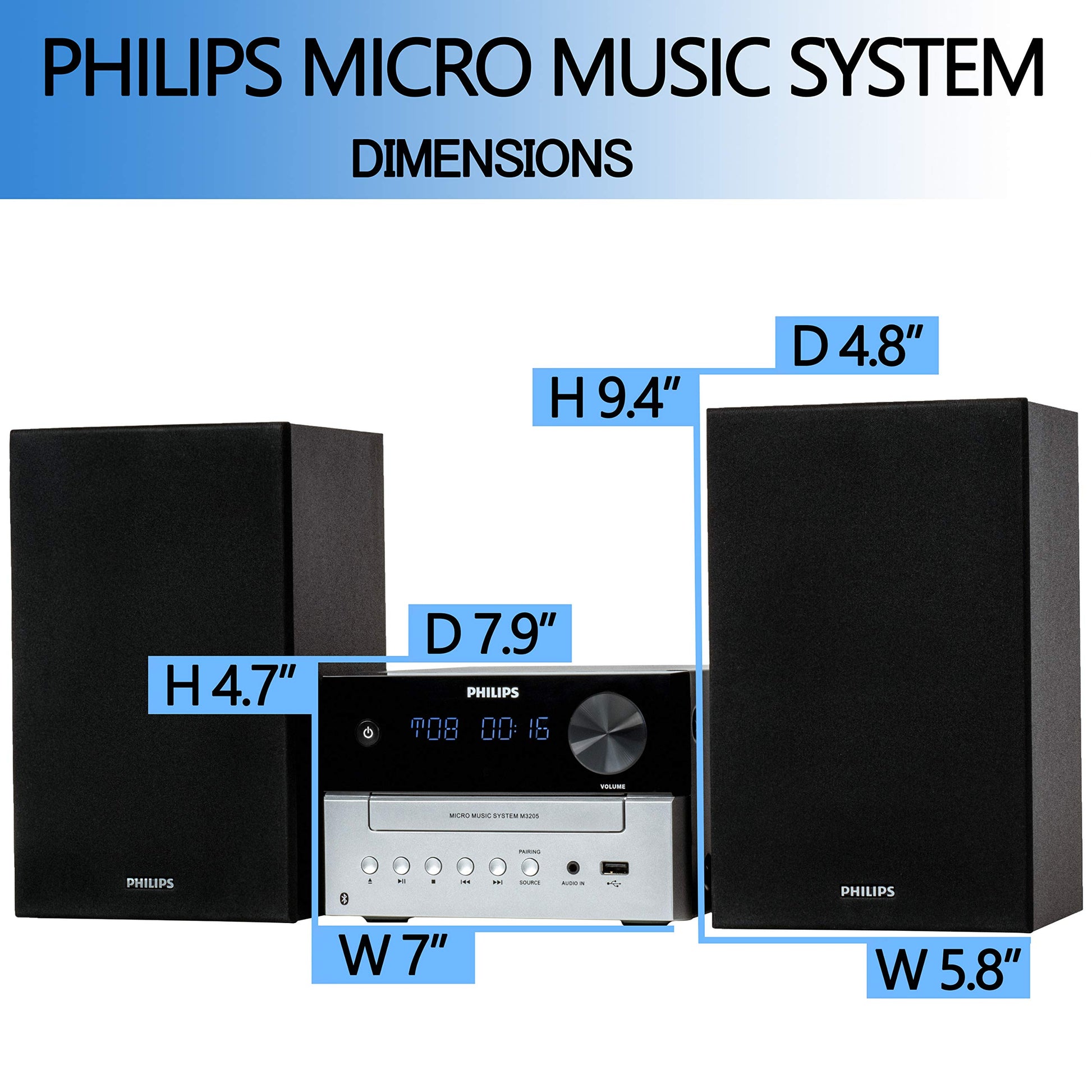 PHILIPS Sistema estéreo Bluetooth para el hogar con Reproductor de CD, transmisión inalámbrica, MP3, USB, Entrada de Audio, Radio FM, 15 W, Sistema de Sonido Micro música