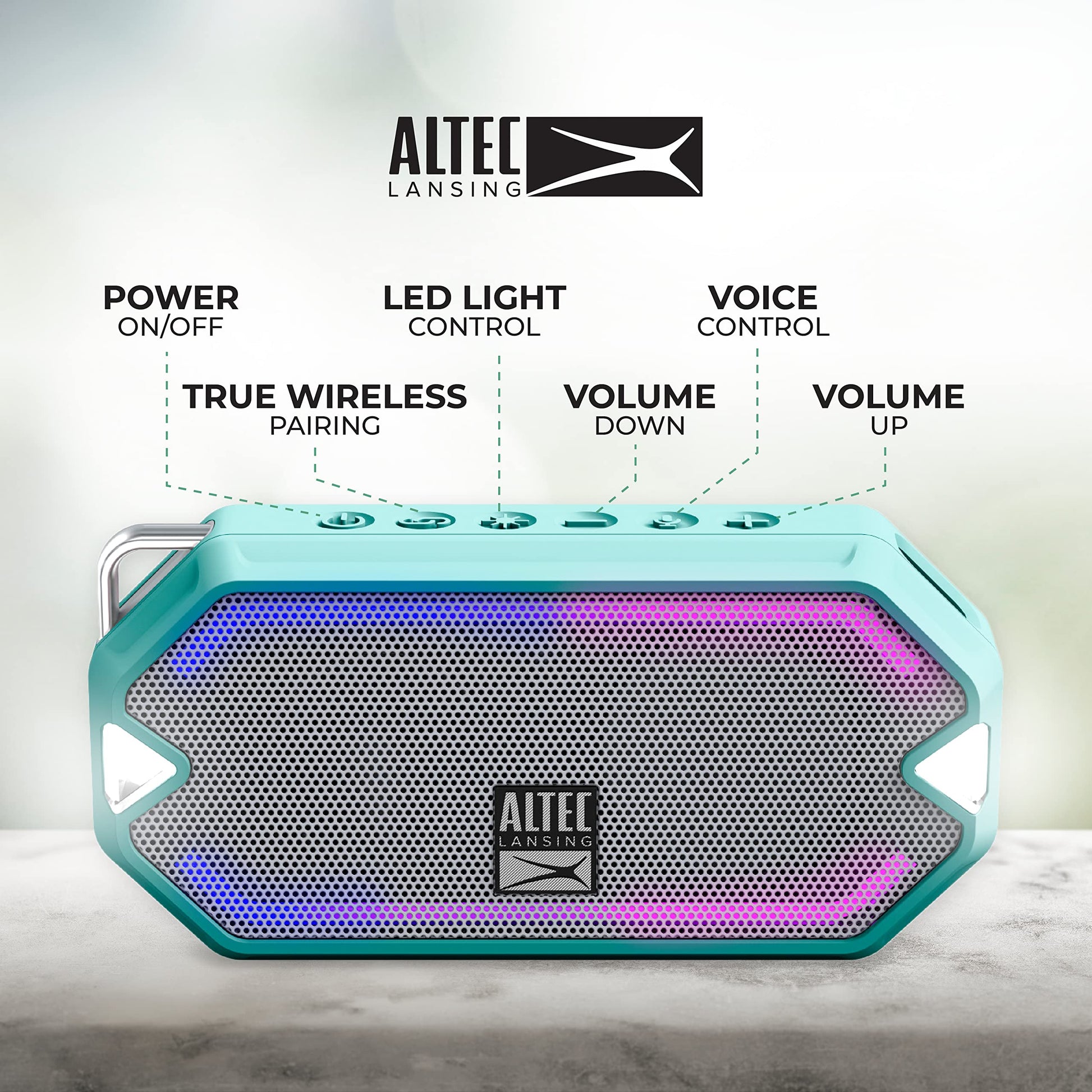 Altec Lansing - Altavoz inalámbrico HydraMini Bluetooth, batería recargable USB C impermeable IP67 con 6 horas de reproducción, compacto, a prueba de golpes, a prueba de nieve, a prueba de todo (verde