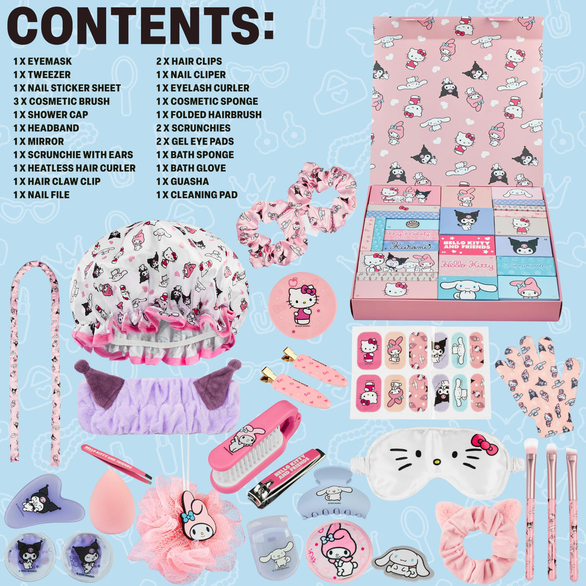 Calendario de Adviento Hello Kitty 2025 para mujeres y adolescentes, brochas de maquillaje, pinzas para el cabello, máscara de ojos, kit de regalo de belleza y cuidado personal, cuenta regresiva