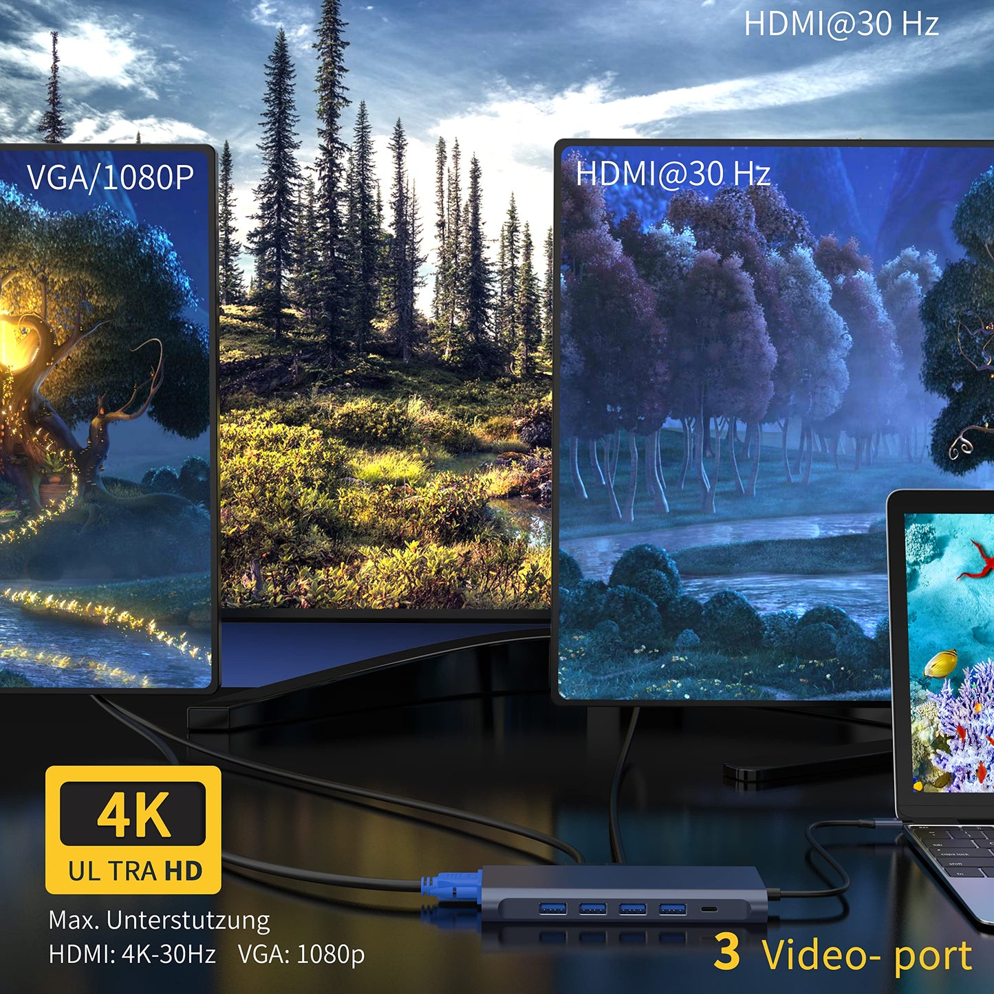 Concentrador de estación de acoplamiento USB C (13 en 1) con 2 puertos HDMI 4K, Ethernet, VGA, audio, USB3.0 TF/SD Dongle Dongle compatible con MacBook iPad Pro, Dell Hp Lenovo