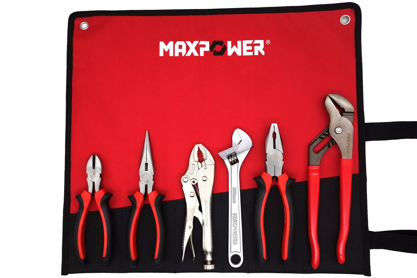 Juego de llaves y alicates MAXPOWER, juego de 6 bolsas de kit. Alicates de bloqueo de 7 ", Alicates de ranura para juntas de 10", Alicates de punta larga de 8 ", Llave ajustable de 8", Alicates de corte diagonal de 6 ", Alicates de liniero de 8"