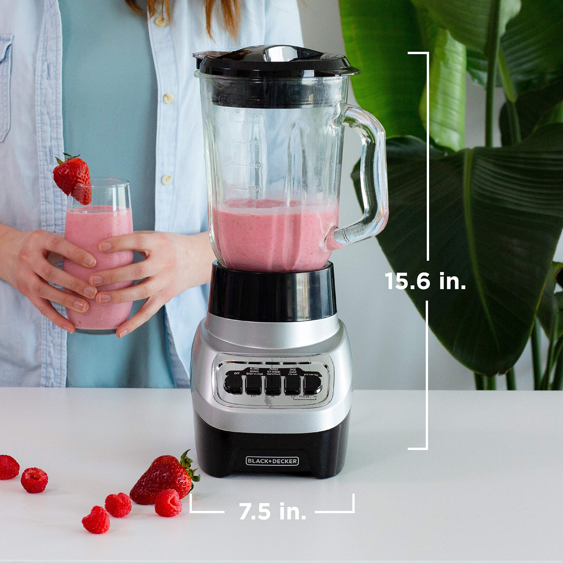 BLACK+DECKER PowerCrush - Licuadora de encimera para batidos y más, para batidos y más, hoja de acero inoxidable, 4 ajustes de velocidad para puré, triturar hielo, picar, dados y pulsar, apto para