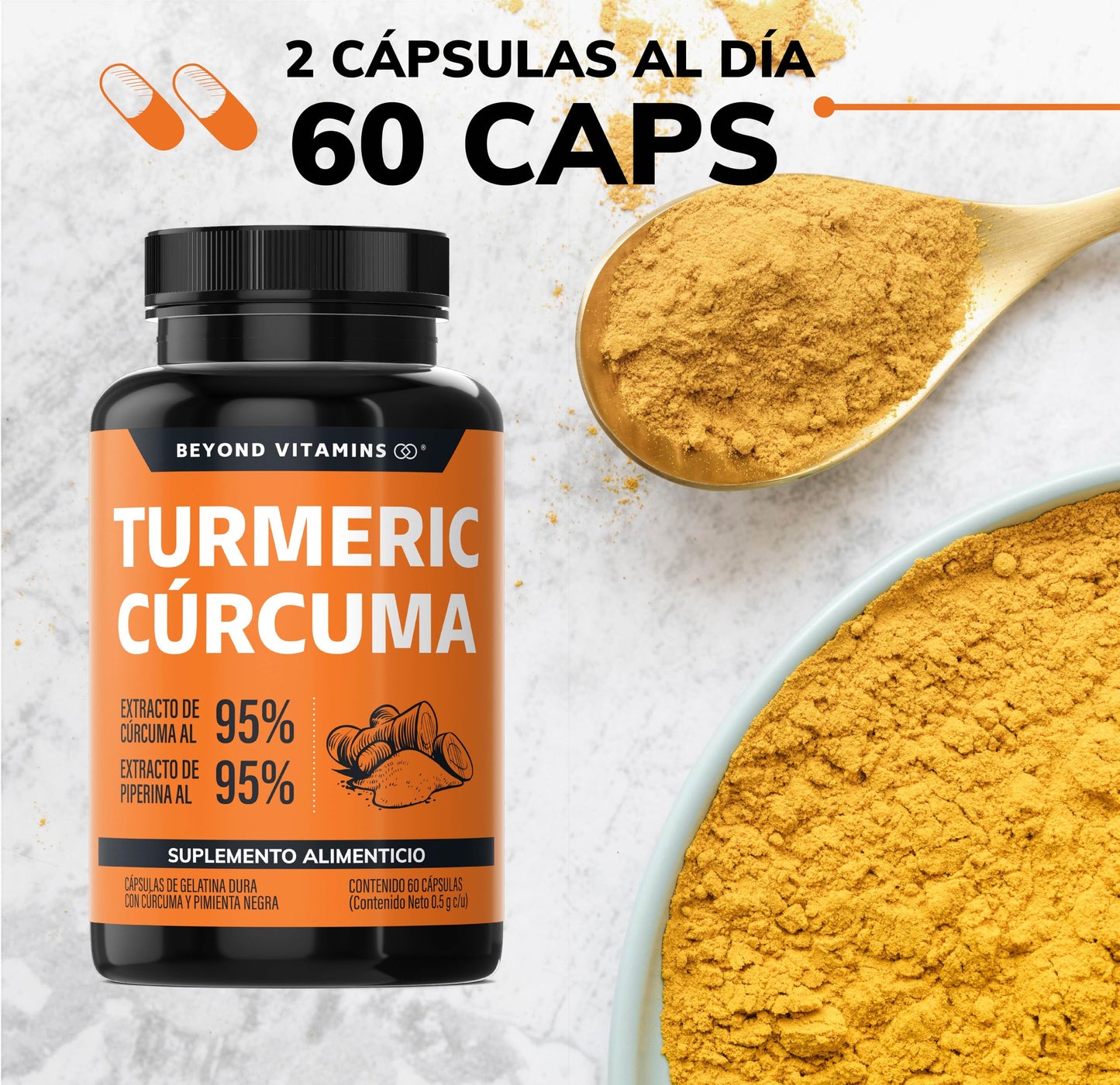 Suplemento Alimenticio Turmeric Cúrcuma con Raíz Estandarizada y Pimienta Negra Alta Potencia NON GMO
