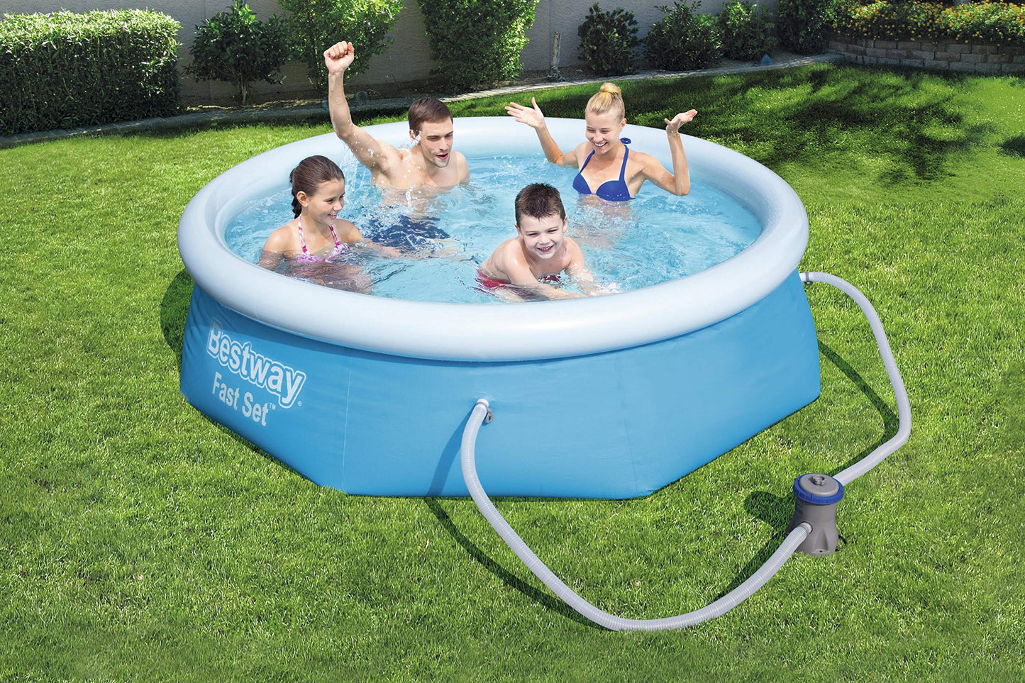 Alberca inflable red azul Fast Set con bomba y filtro, medidas 8´X 26" / 2.44mX66cm, capacidad 2,100 lts
