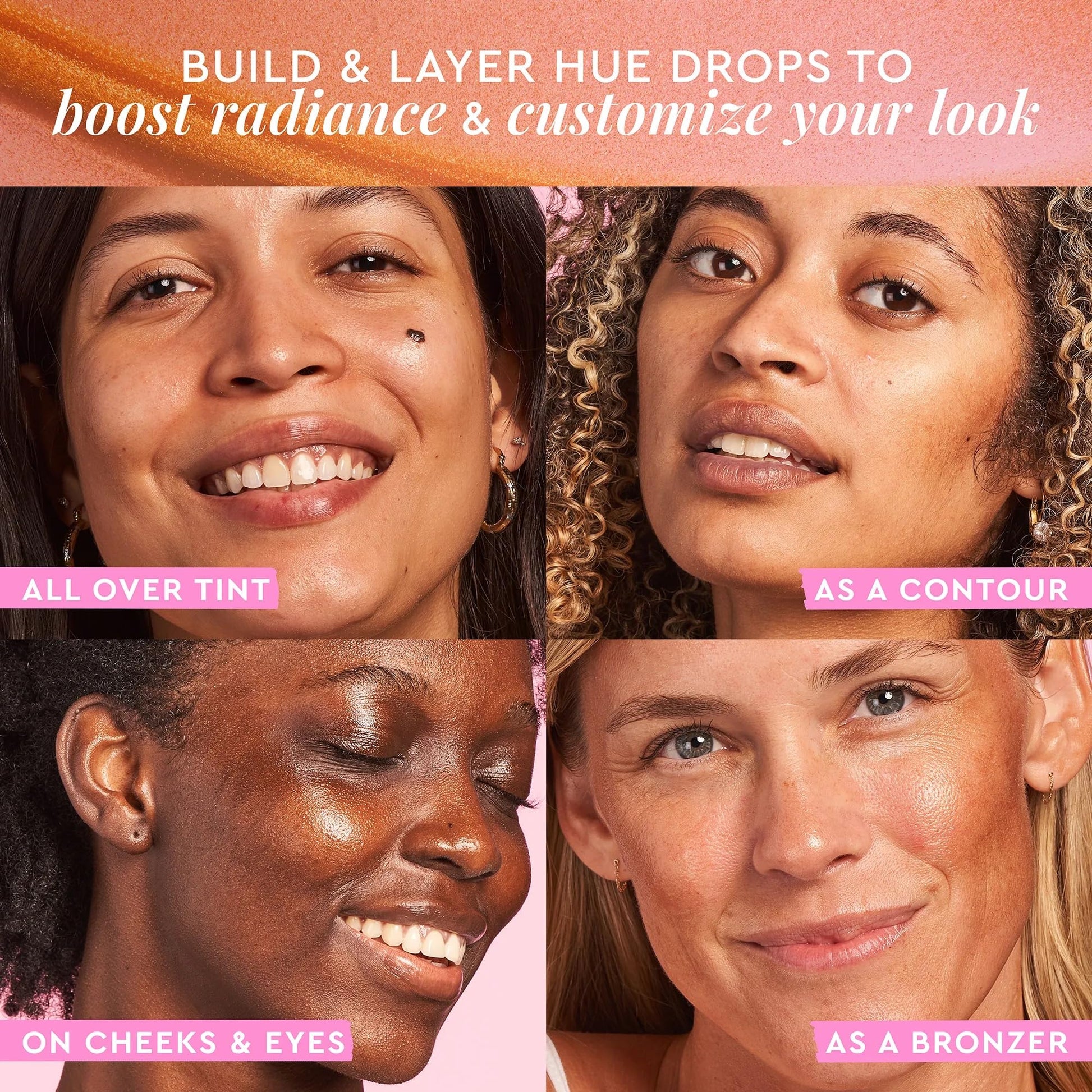 Hue Drops Face Serum Glow Bronzing Drops + Tinted Serum para iluminar e hidratar la piel. Prebase de maquillaje y iluminador para difuminar los poros y lograr un tono de piel uniforme y luminoso.